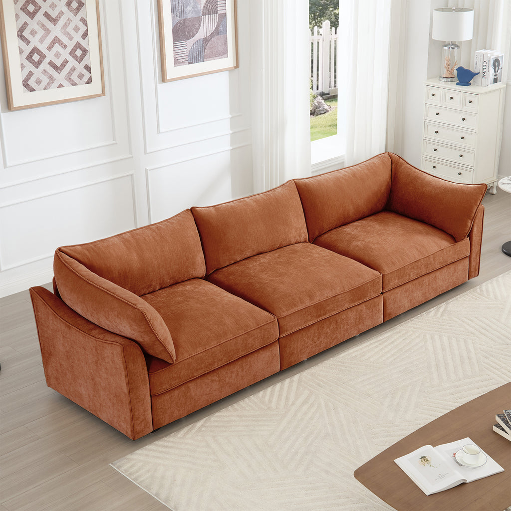Chenille Upholstered 3-Seat Sofa in Orange with Storage.