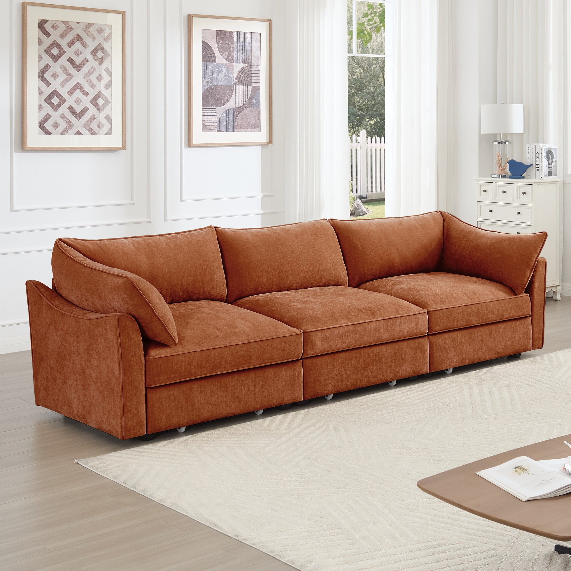 3 Seater Sofa With Storage Pull out Drawers Under Each Seat, ,3 - Seat Large Wide And Deep Seat Sofa with Excellent Storage Space, Suitable for Big Living Rooms, Chenille Orange