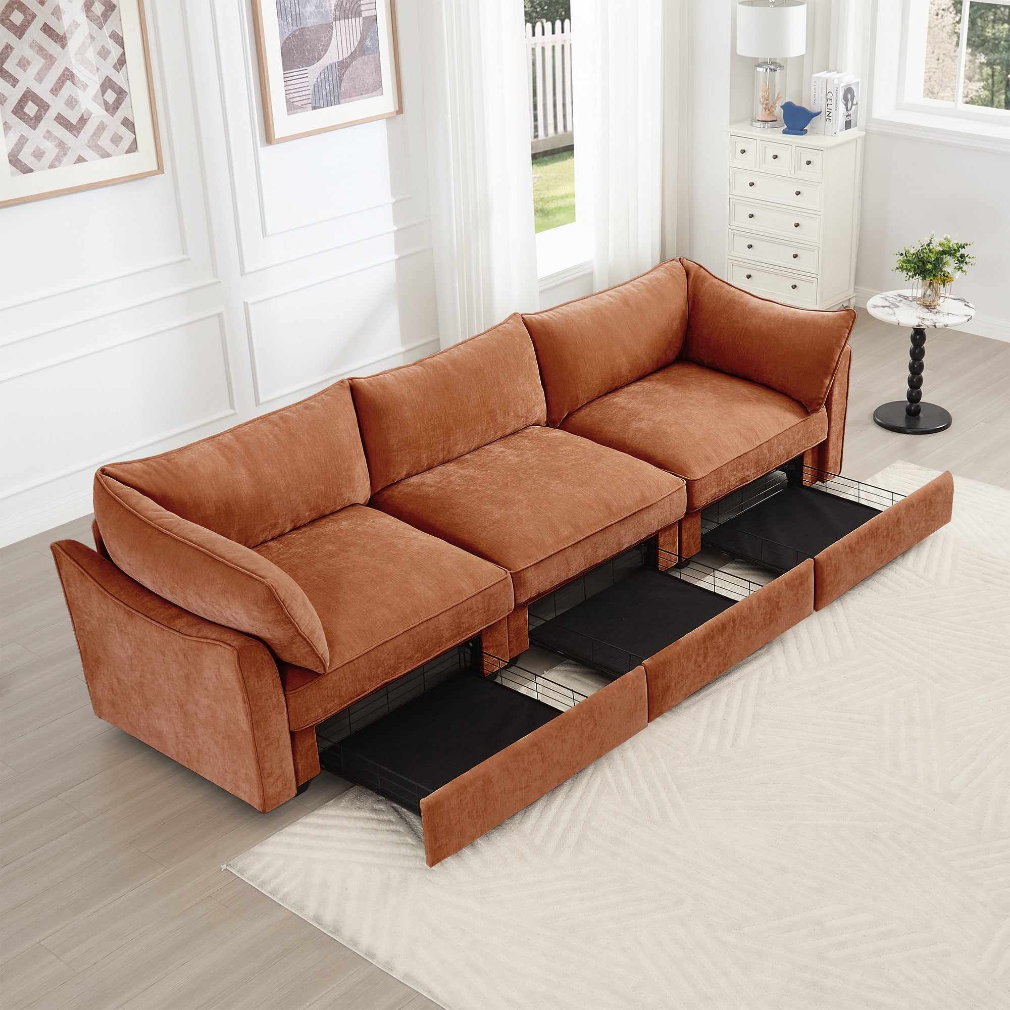3 Seater Sofa With Storage Pull out Drawers Under Each Seat, ,3 - Seat Large Wide And Deep Seat Sofa with Excellent Storage Space, Suitable for Big Living Rooms, Chenille Orange