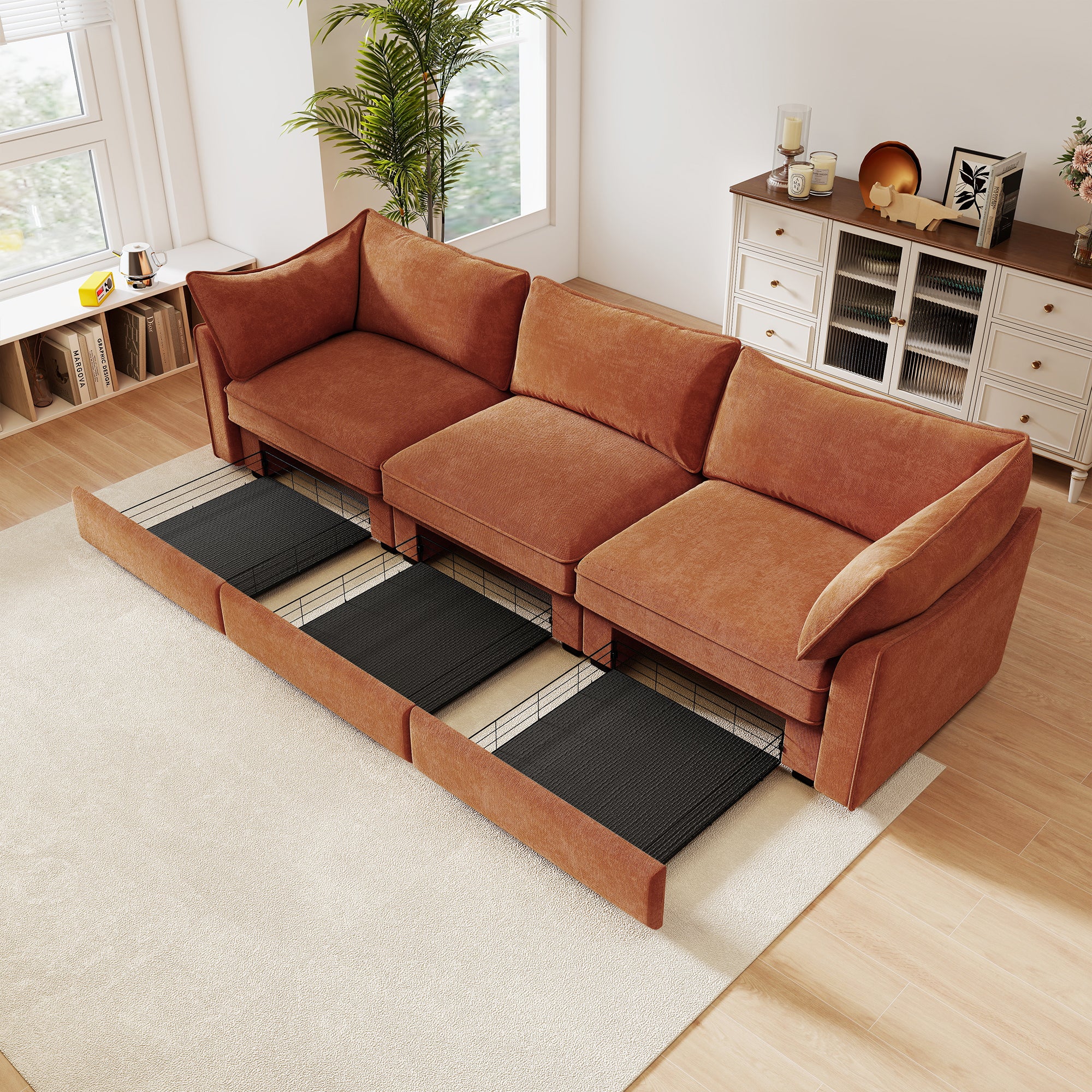 3 Seater Sofa With Storage Pull out Drawers Under Each Seat, ,3 - Seat Large Wide And Deep Seat Sofa with Excellent Storage Space, Suitable for Big Living Rooms, Chenille Orange