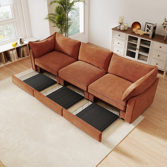 3 Seater Sofa With Storage Pull out Drawers Under Each Seat, ,3 - Seat Large Wide And Deep Seat Sofa with Excellent Storage Space, Suitable for Big Living Rooms, Chenille Orange