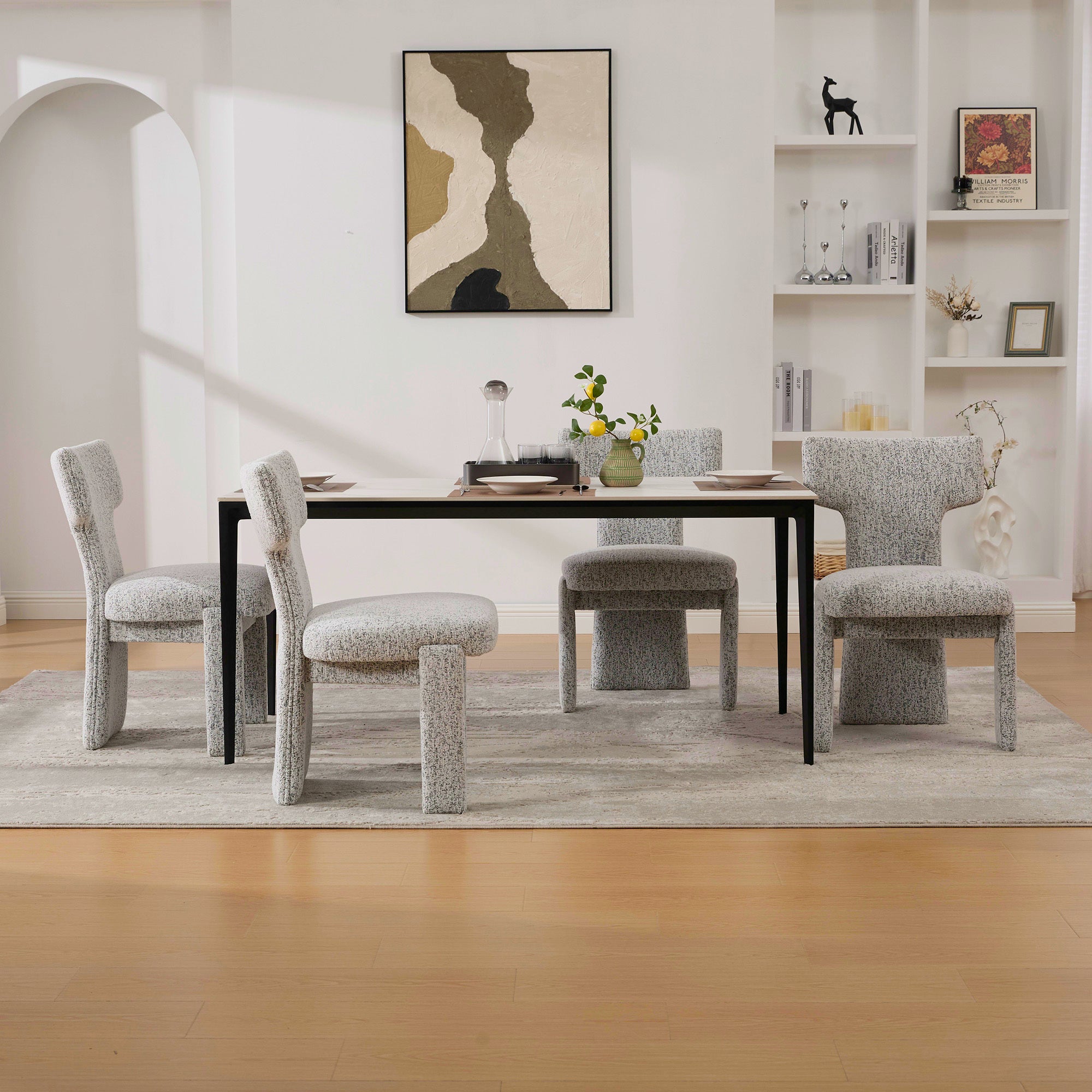 22.05' Wide Modern Upholstered Chenille Dining Chair Set of 4 with Rubberwood Legs, Armless Curved Back Accent Chairs for Living Room Bedroom Restaurant Cafes Dining Room Reception, White/Black Dining Chair