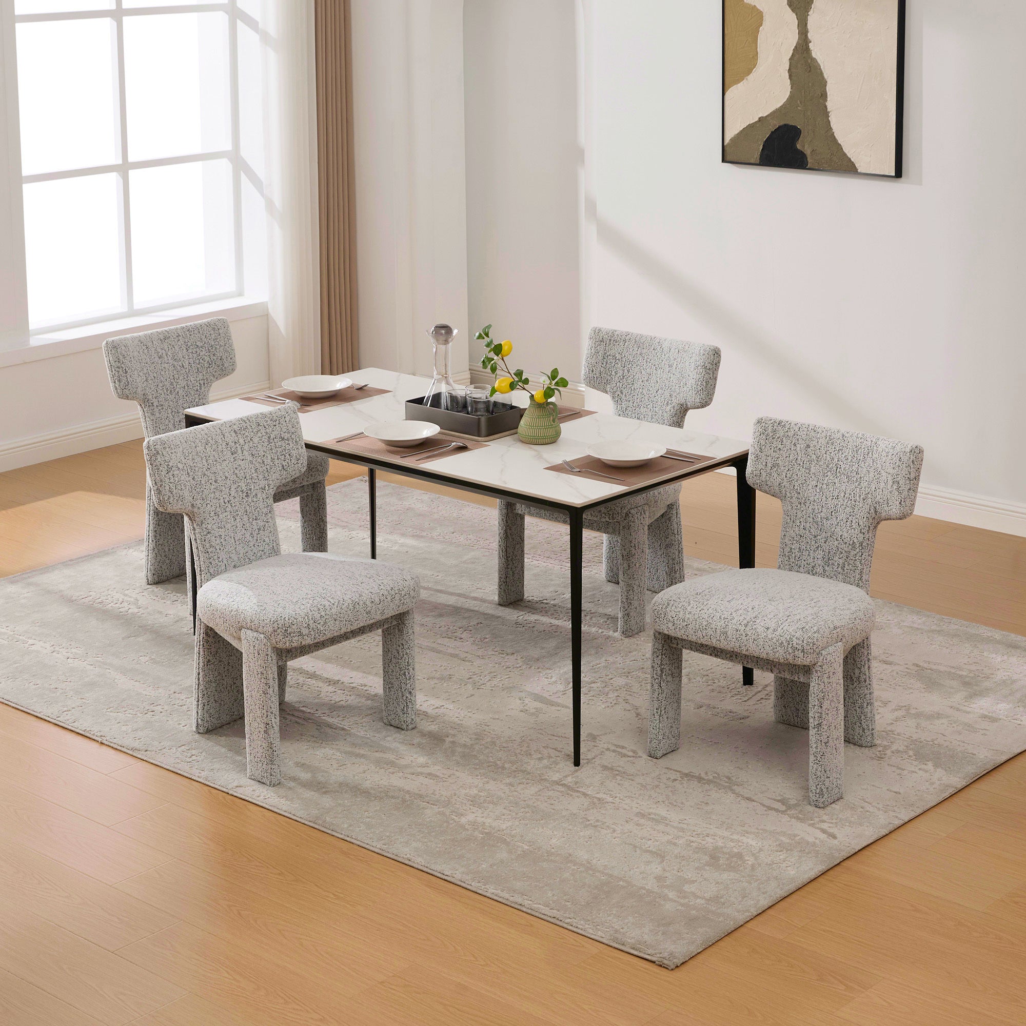 22.05' Wide Modern Upholstered Chenille Dining Chair Set of 4 with Rubberwood Legs, Armless Curved Back Accent Chairs for Living Room Bedroom Restaurant Cafes Dining Room Reception, White/Black Dining Chair