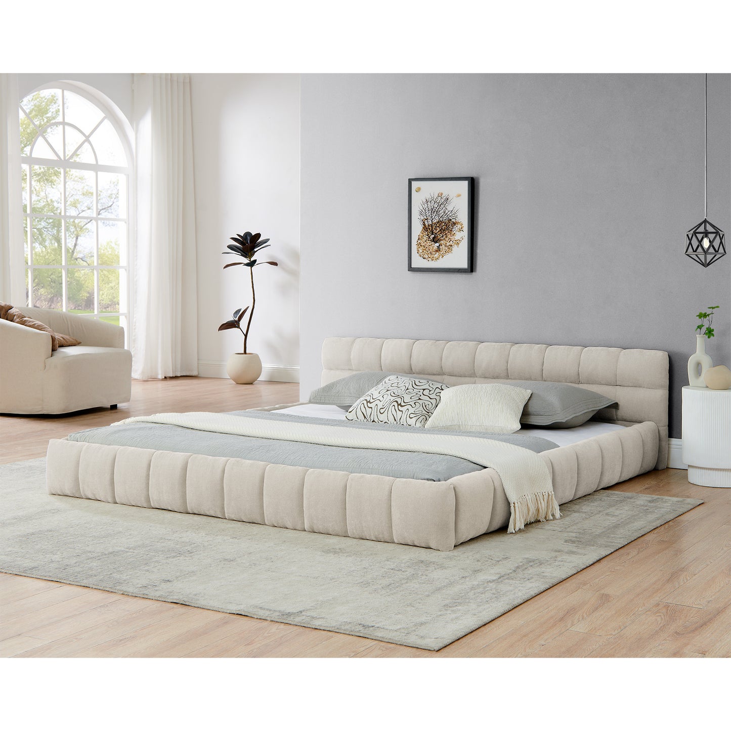 King size Upholstered Bed Frame with Thick Fabric, Chenille Fabric Grounded Queen Size Platform Bed with Headboard and Solid Frame. No Box Spring Needed-Beige(88.5''*85.5''*24'')