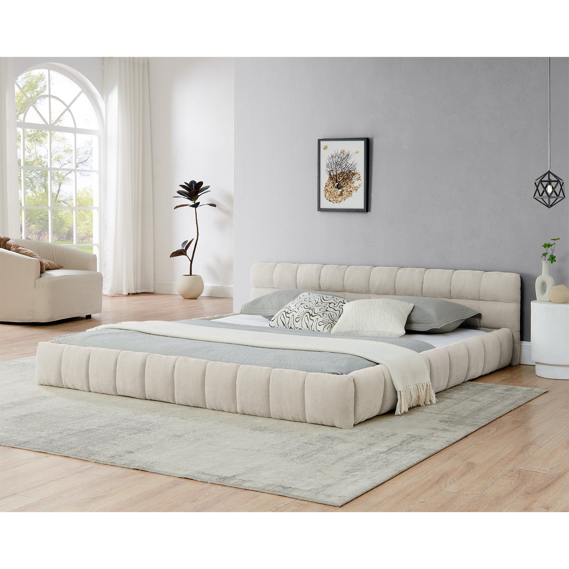 King size Upholstered Bed Frame with Thick Fabric, Chenille Fabric Grounded Queen Size Platform Bed with Headboard and Solid Frame. No Box Spring Needed-Beige(88.5''*85.5''*24'')