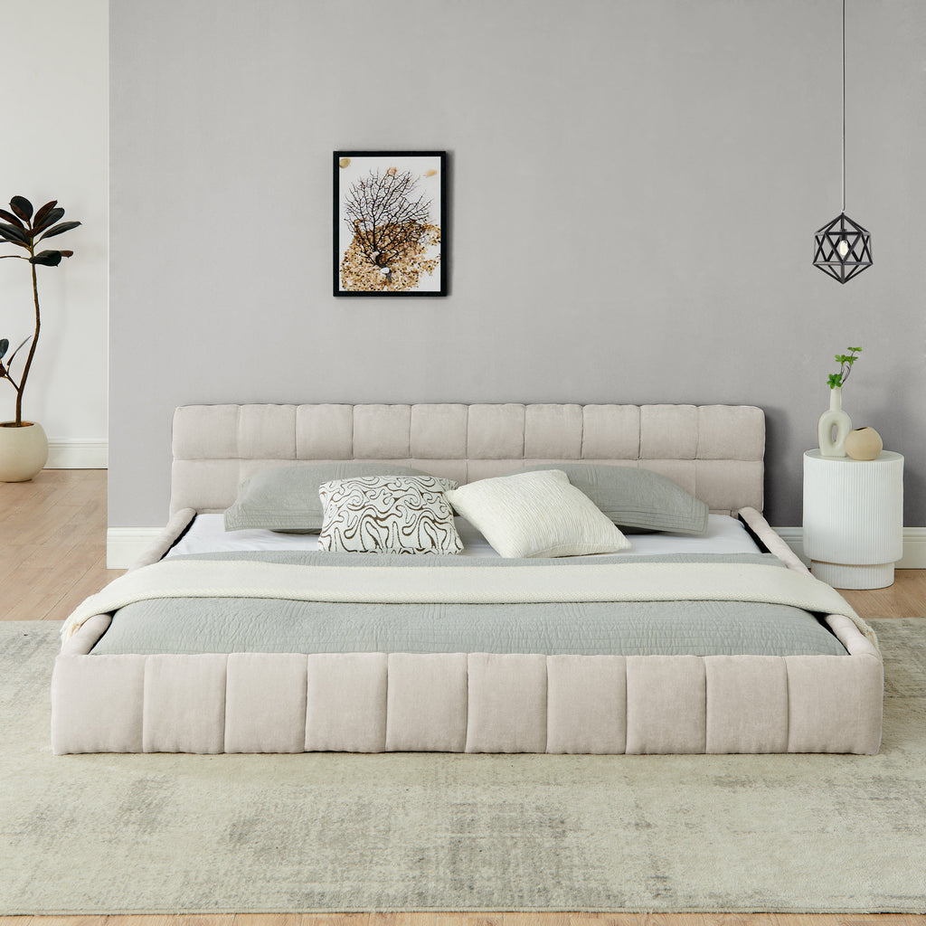 King size Upholstered Bed Frame with Thick Fabric, Chenille Fabric Grounded Queen Size Platform Bed with Headboard and Solid Frame. No Box Spring Needed-Beige(88.5''*85.5''*24'')