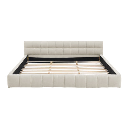 King size Upholstered Bed Frame with Thick Fabric, Chenille Fabric Grounded Queen Size Platform Bed with Headboard and Solid Frame. No Box Spring Needed-Beige(88.5''*85.5''*24'')