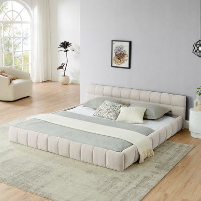 King size Upholstered Bed Frame with Thick Fabric, Chenille Fabric Grounded Queen Size Platform Bed with Headboard and Solid Frame. No Box Spring Needed-Beige(88.5''*85.5''*24'')