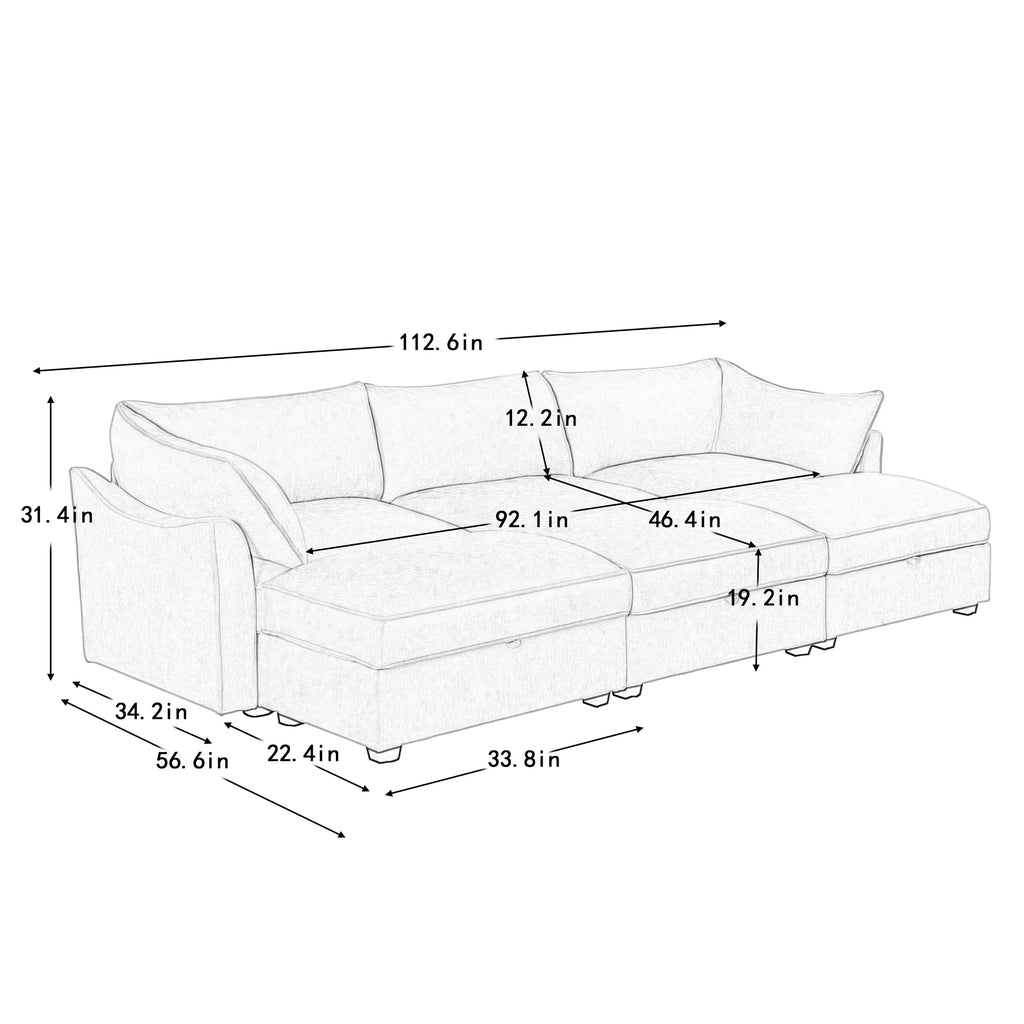 3 Seater Sofa With 3 Ottomans, Wide and Deep Seat 3-Seat Home Theater Sleeper Sofa for Living Room, Modular Sectional Sofa with Storage Pull out Drawer Under Each Seat, Chenille Wheat