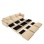 3 Seater Sofa With 3 Ottomans, Wide and Deep Seat 3-Seat Home Theater Sleeper Sofa for Living Room, Modular Sectional Sofa with Storage Pull out Drawer Under Each Seat, Chenille Wheat