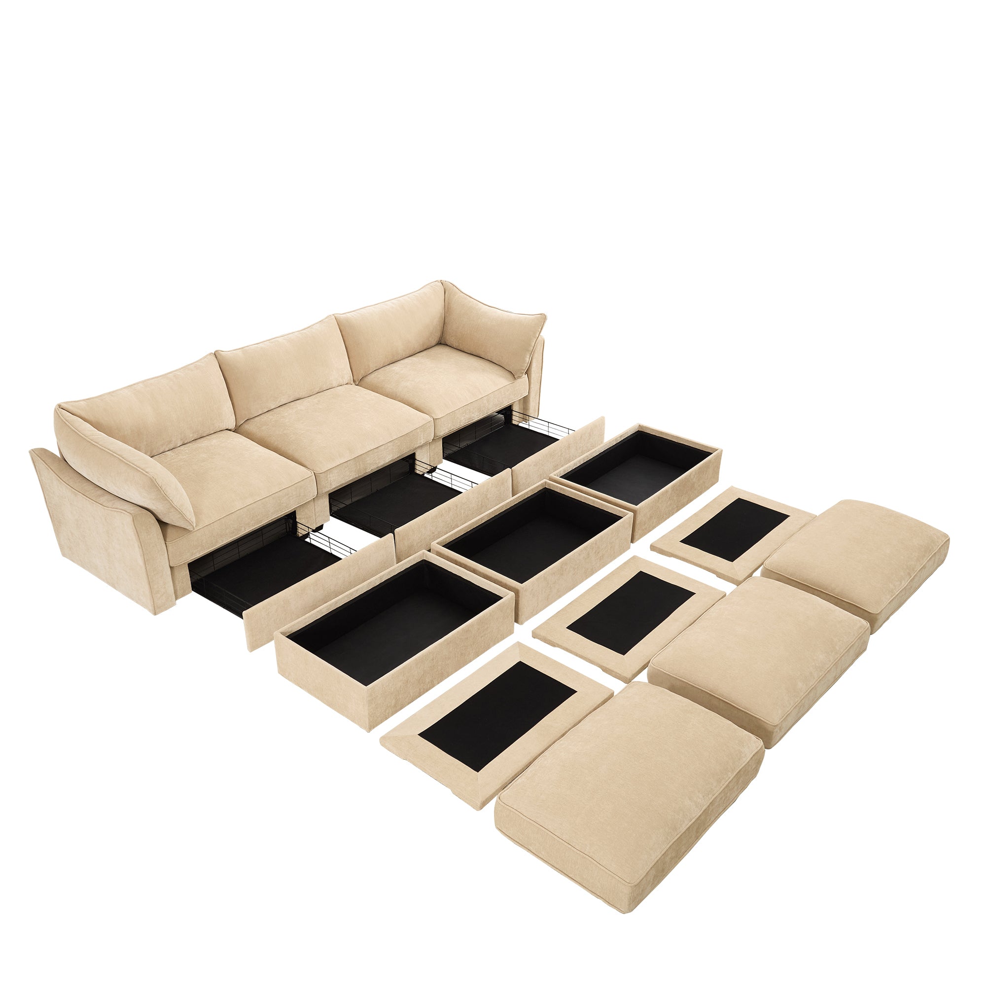 3 Seater Sofa With 3 Ottomans, Wide and Deep Seat 3-Seat Home Theater Sleeper Sofa for Living Room, Modular Sectional Sofa with Storage Pull out Drawer Under Each Seat, Chenille Wheat