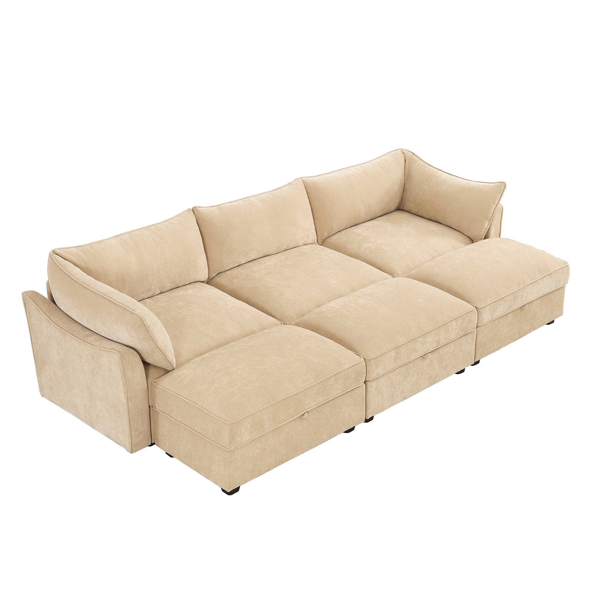 3 Seater Sofa With 3 Ottomans, Wide and Deep Seat 3-Seat Home Theater Sleeper Sofa for Living Room, Modular Sectional Sofa with Storage Pull out Drawer Under Each Seat, Chenille Wheat