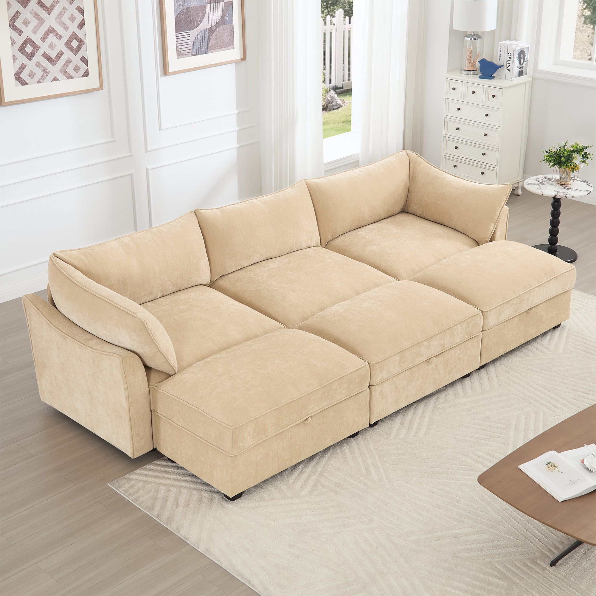 3 Seater Sofa With 3 Ottomans, Wide and Deep Seat 3-Seat Home Theater Sleeper Sofa for Living Room, Modular Sectional Sofa with Storage Pull out Drawer Under Each Seat, Chenille Wheat