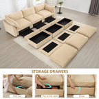 3 Seater Sofa With 3 Ottomans, Wide and Deep Seat 3-Seat Home Theater Sleeper Sofa for Living Room, Modular Sectional Sofa with Storage Pull out Drawer Under Each Seat, Chenille Wheat