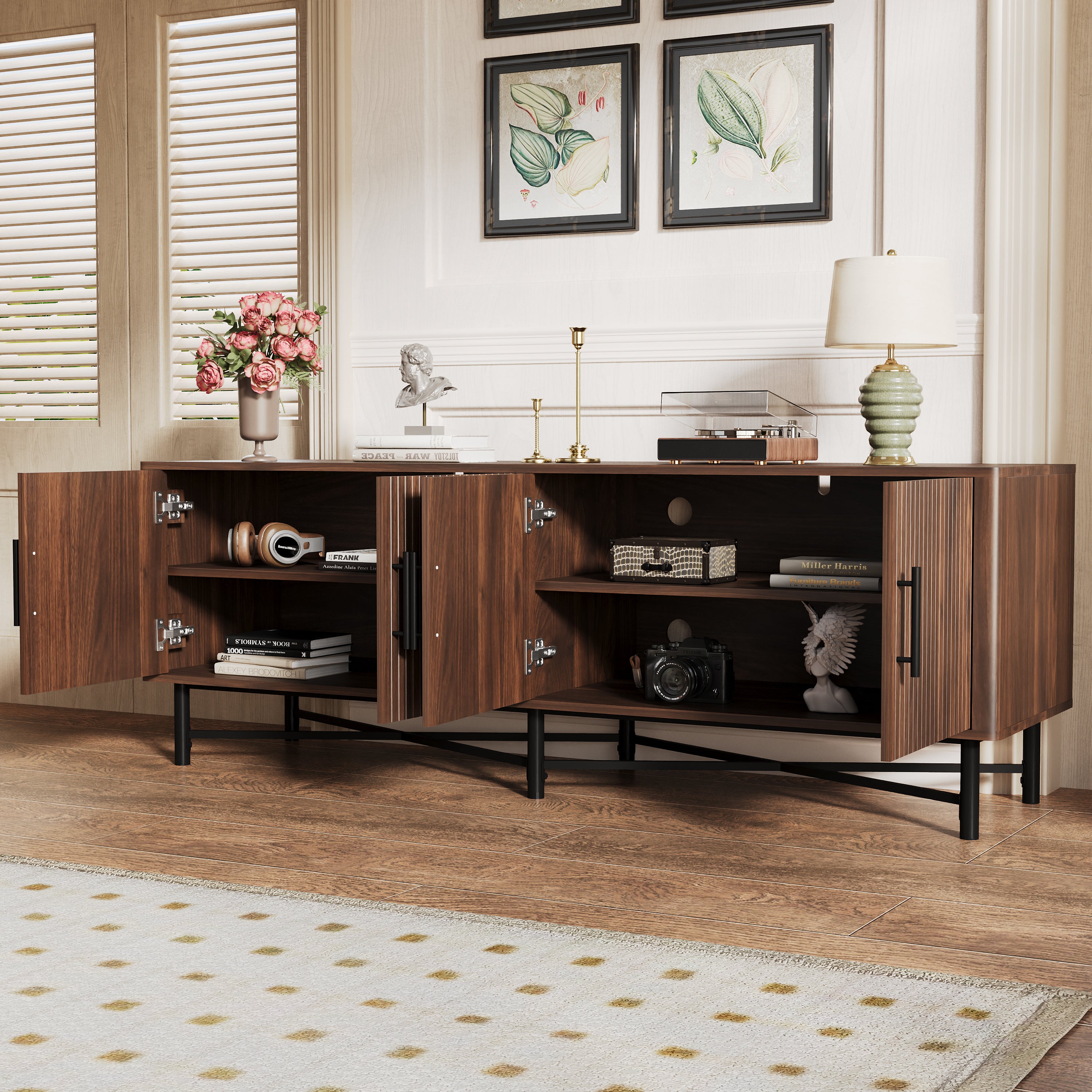 Functional 4-Door TV Cabinet – 2 Storage Spaces, Adjustable Shelves, Ideal for Living Room Organization, Chestnut