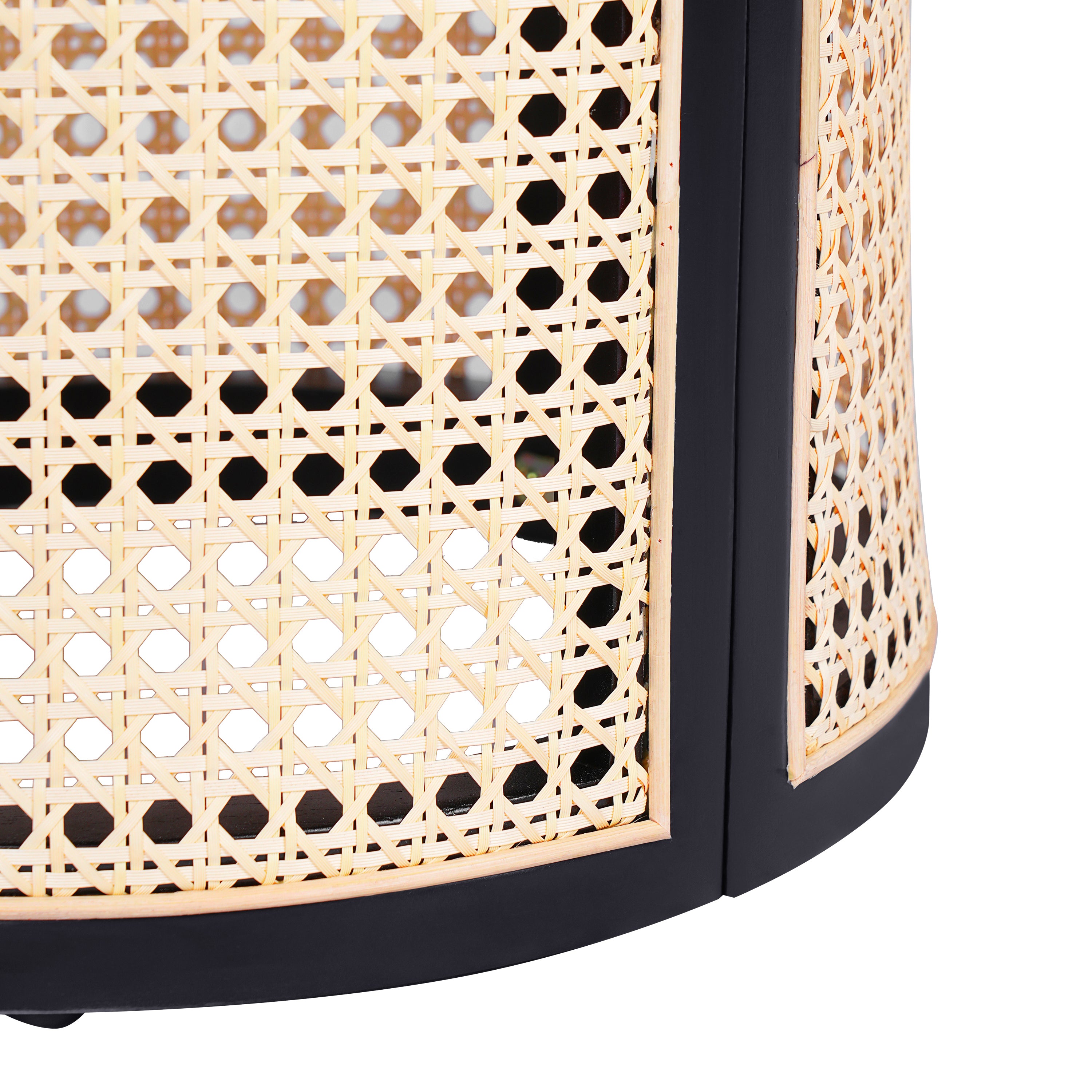 15.70' Round End Table, Hollow Woven Side Table, Small Rubber Wood Nightstand, Rattan Woven Tea Desk, Round Wood Tabletop, Chic Home Decor Desk, Easy Assembly, Black Color End Table