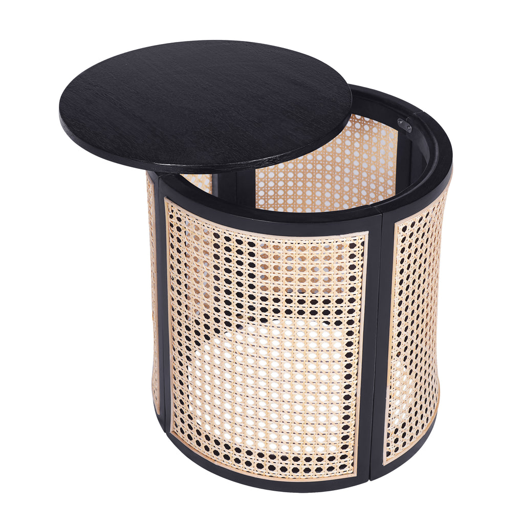 15.70' Round End Table, Hollow Woven Side Table, Small Rubber Wood Nightstand, Rattan Woven Tea Desk, Round Wood Tabletop, Chic Home Decor Desk, Easy Assembly, Black Color End Table