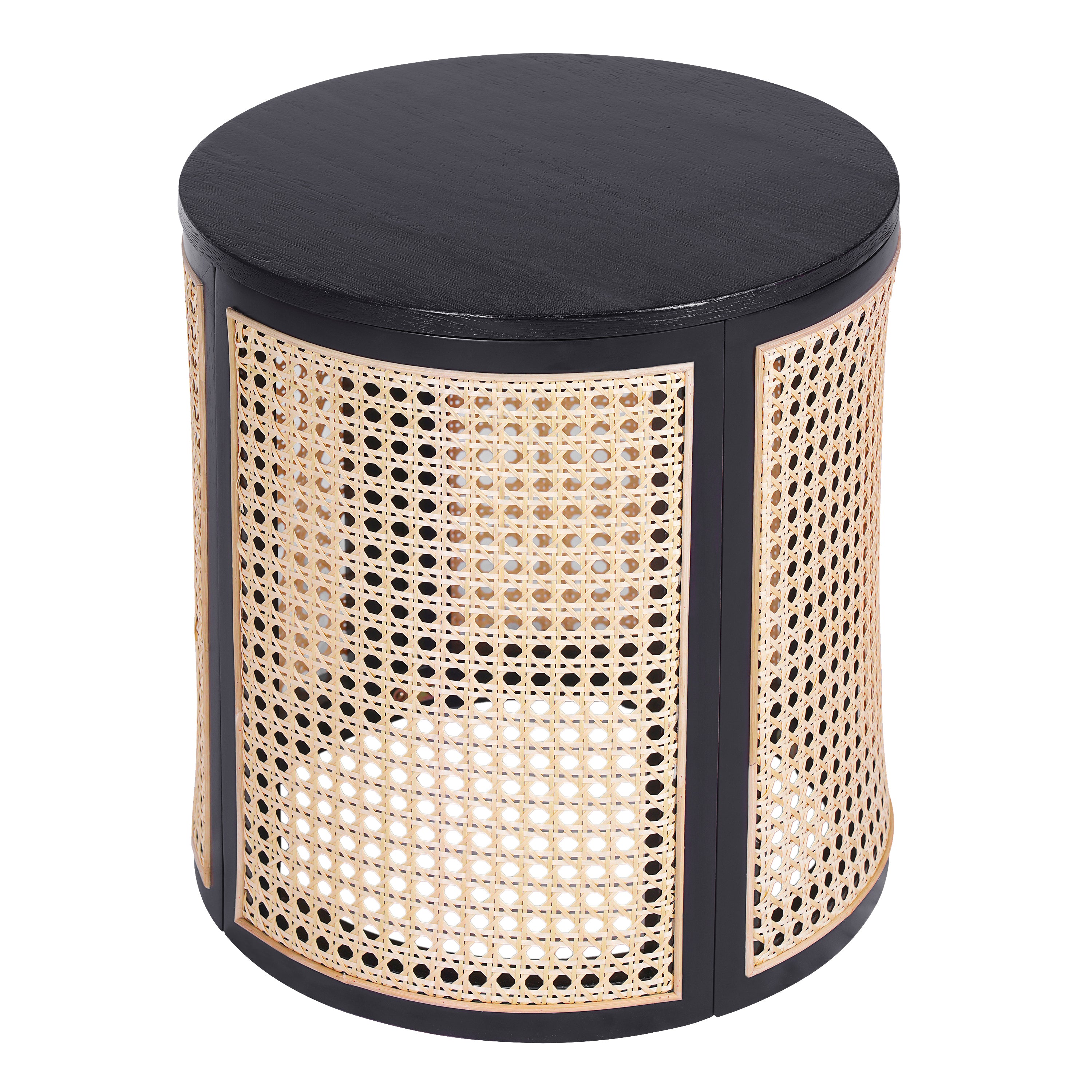 15.70' Round End Table, Hollow Woven Side Table, Small Rubber Wood Nightstand, Rattan Woven Tea Desk, Round Wood Tabletop, Chic Home Decor Desk, Easy Assembly, Black Color End Table