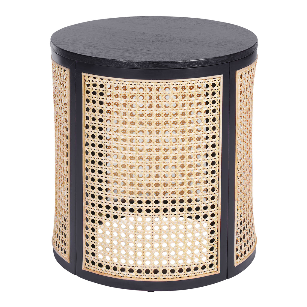 15.70' Round End Table, Hollow Woven Side Table, Small Rubber Wood Nightstand, Rattan Woven Tea Desk, Round Wood Tabletop, Chic Home Decor Desk, Easy Assembly, Black Color End Table