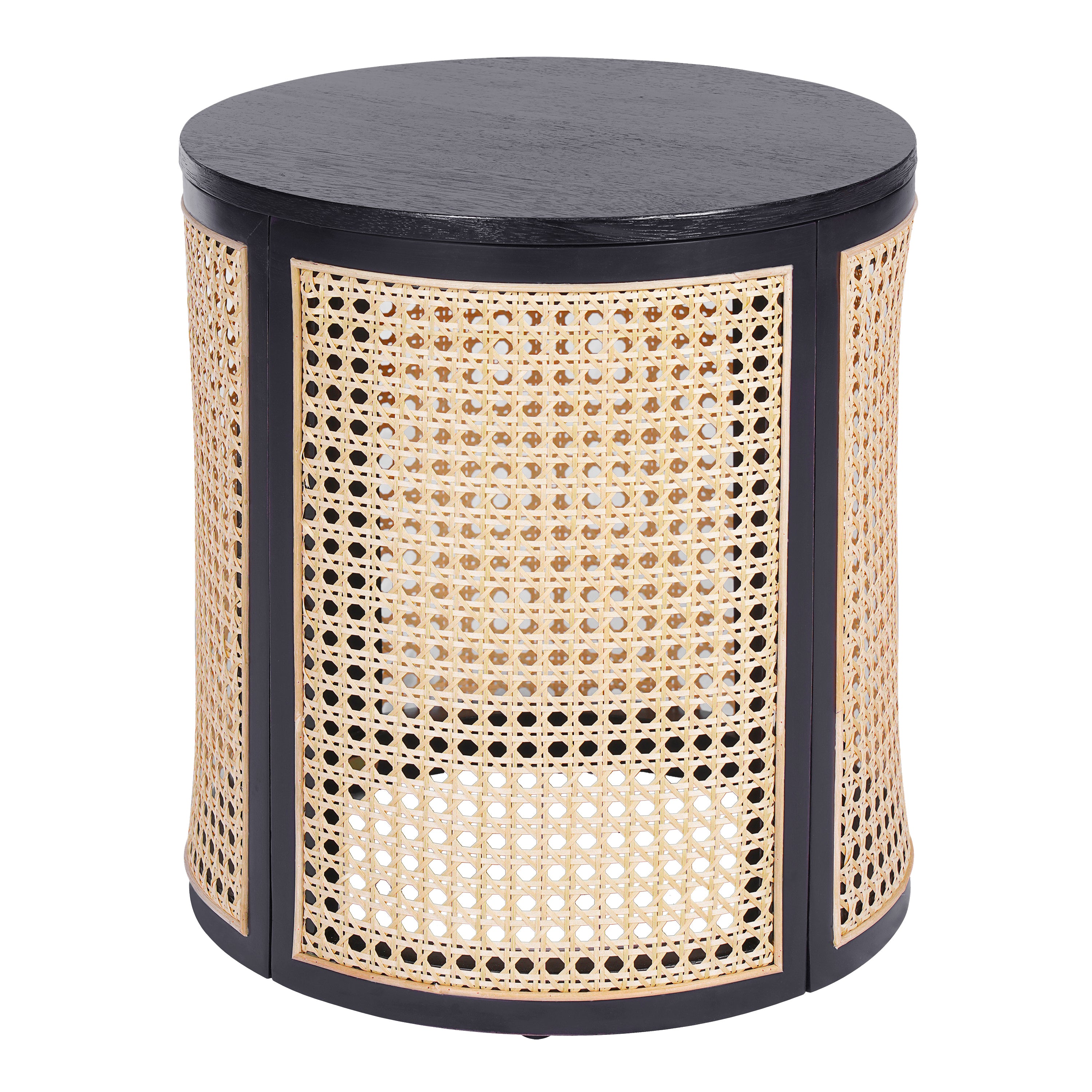 15.70' Round End Table, Hollow Woven Side Table, Small Rubber Wood Nightstand, Rattan Woven Tea Desk, Round Wood Tabletop, Chic Home Decor Desk, Easy Assembly, Black Color End Table