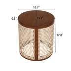 15.70' Round End Table, Hollow Woven Side Table, Small Rubber Wood Nightstand, Rattan Woven Tea Desk, Round Wood Tabletop, Chic Home Decor Desk, Easy Assembly, Dark Brown Color End Table