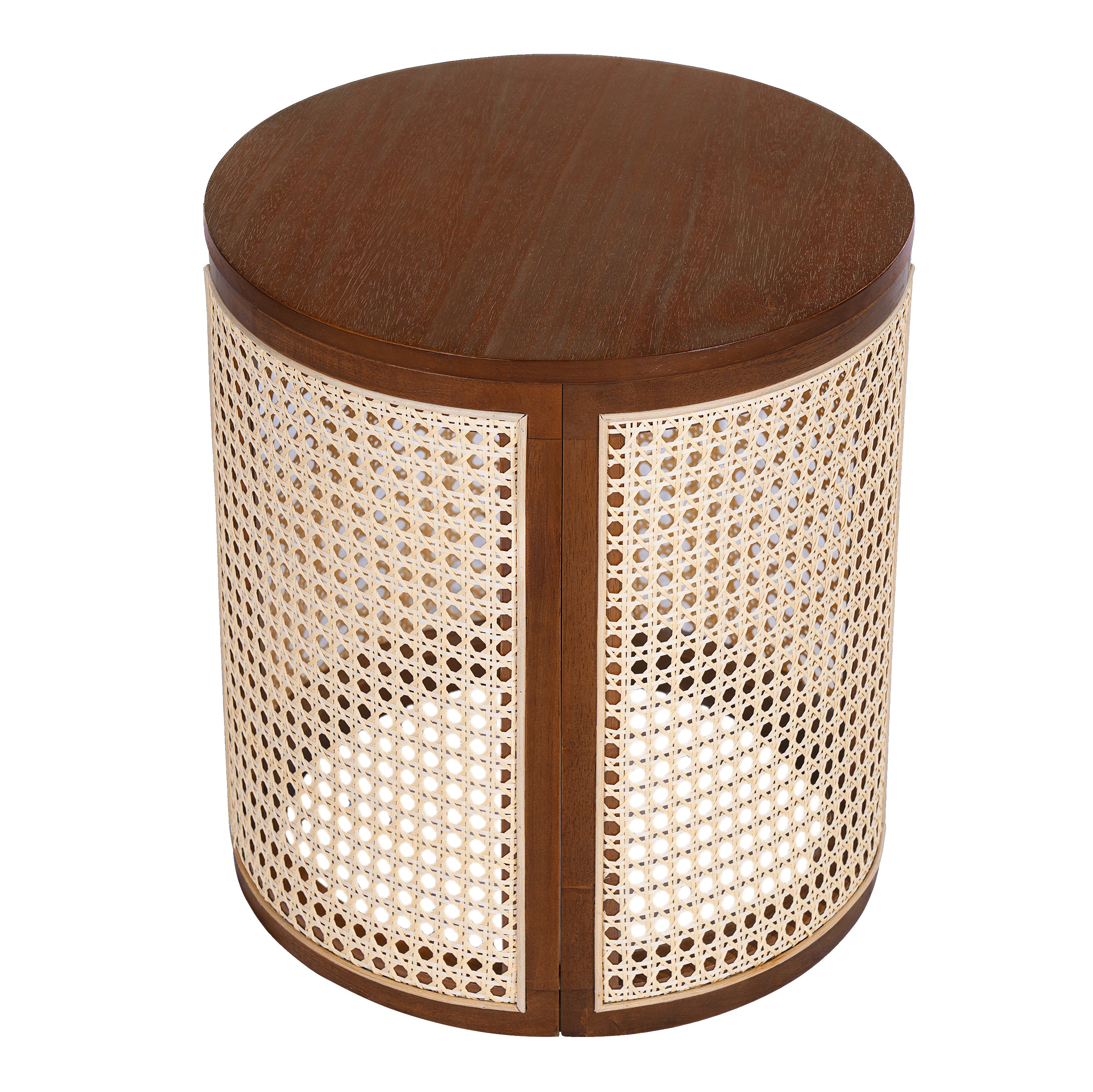 15.70' Round End Table, Hollow Woven Side Table, Small Rubber Wood Nightstand, Rattan Woven Tea Desk, Round Wood Tabletop, Chic Home Decor Desk, Easy Assembly, Dark Brown Color End Table