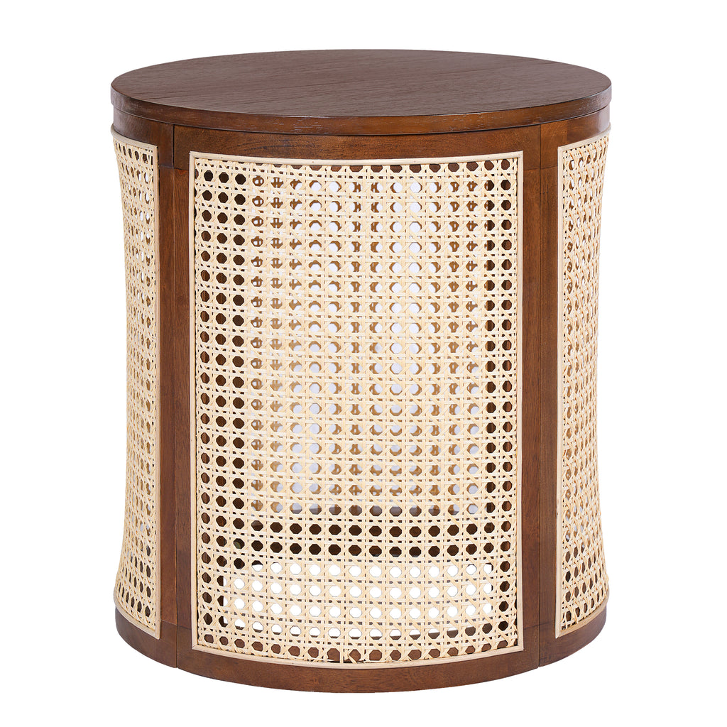 15.70' Round End Table, Hollow Woven Side Table, Small Rubber Wood Nightstand, Rattan Woven Tea Desk, Round Wood Tabletop, Chic Home Decor Desk, Easy Assembly, Dark Brown Color End Table