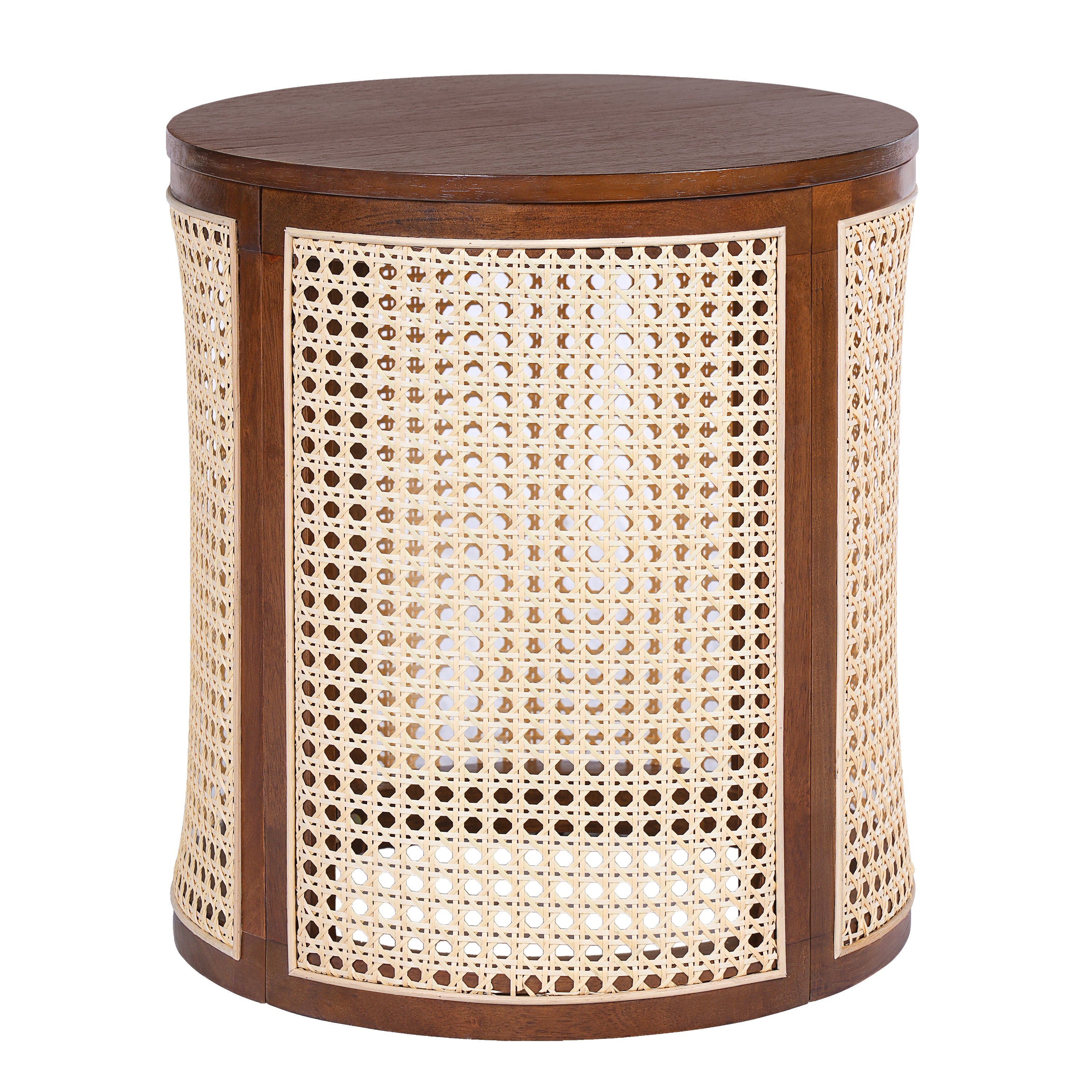 15.70' Round End Table, Hollow Woven Side Table, Small Rubber Wood Nightstand, Rattan Woven Tea Desk, Round Wood Tabletop, Chic Home Decor Desk, Easy Assembly, Dark Brown Color End Table