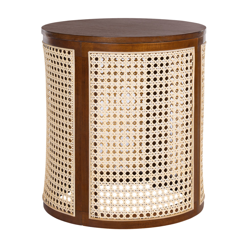 15.70' Round End Table, Hollow Woven Side Table, Small Rubber Wood Nightstand, Rattan Woven Tea Desk, Round Wood Tabletop, Chic Home Decor Desk, Easy Assembly, Dark Brown Color End Table