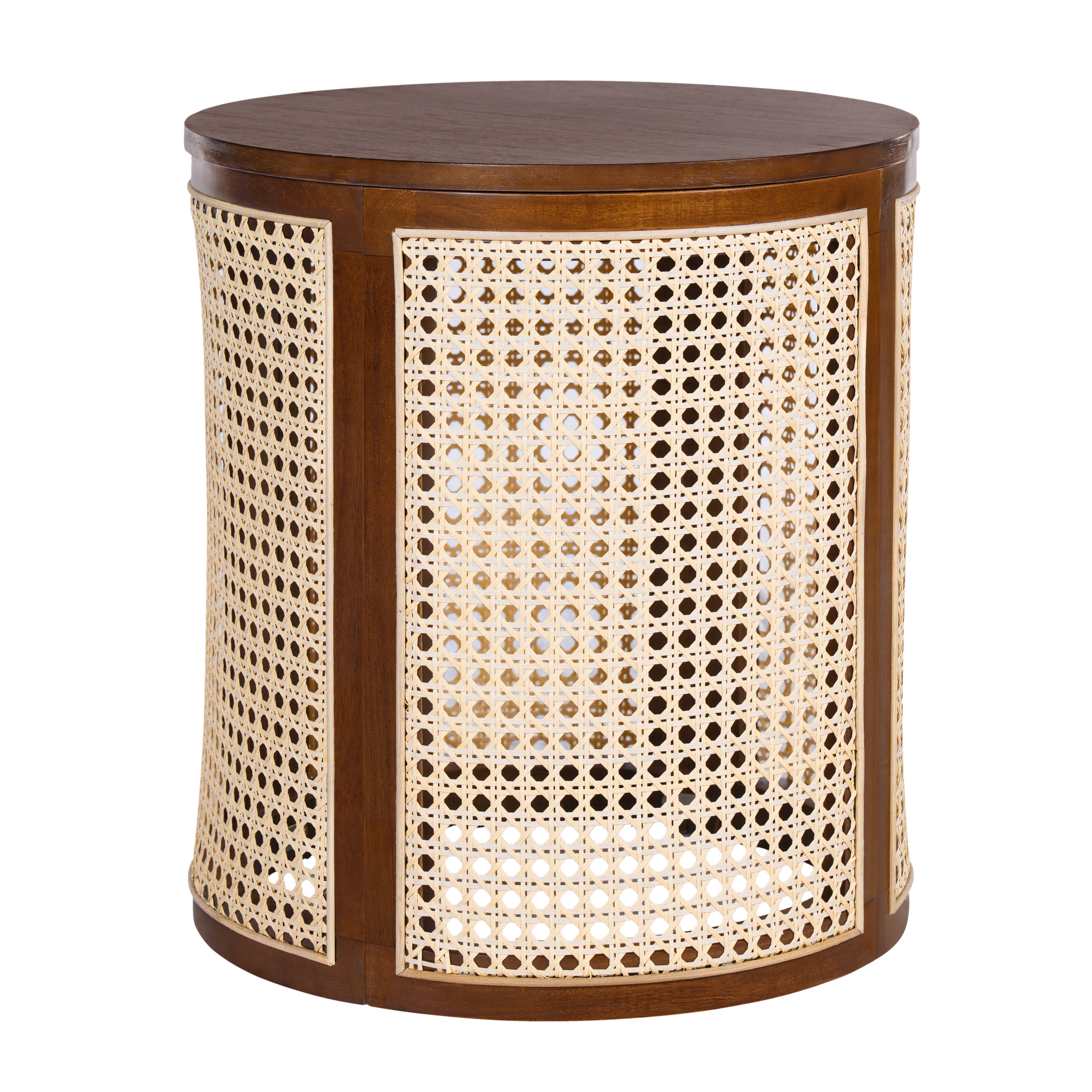 15.70' Round End Table, Hollow Woven Side Table, Small Rubber Wood Nightstand, Rattan Woven Tea Desk, Round Wood Tabletop, Chic Home Decor Desk, Easy Assembly, Dark Brown Color End Table