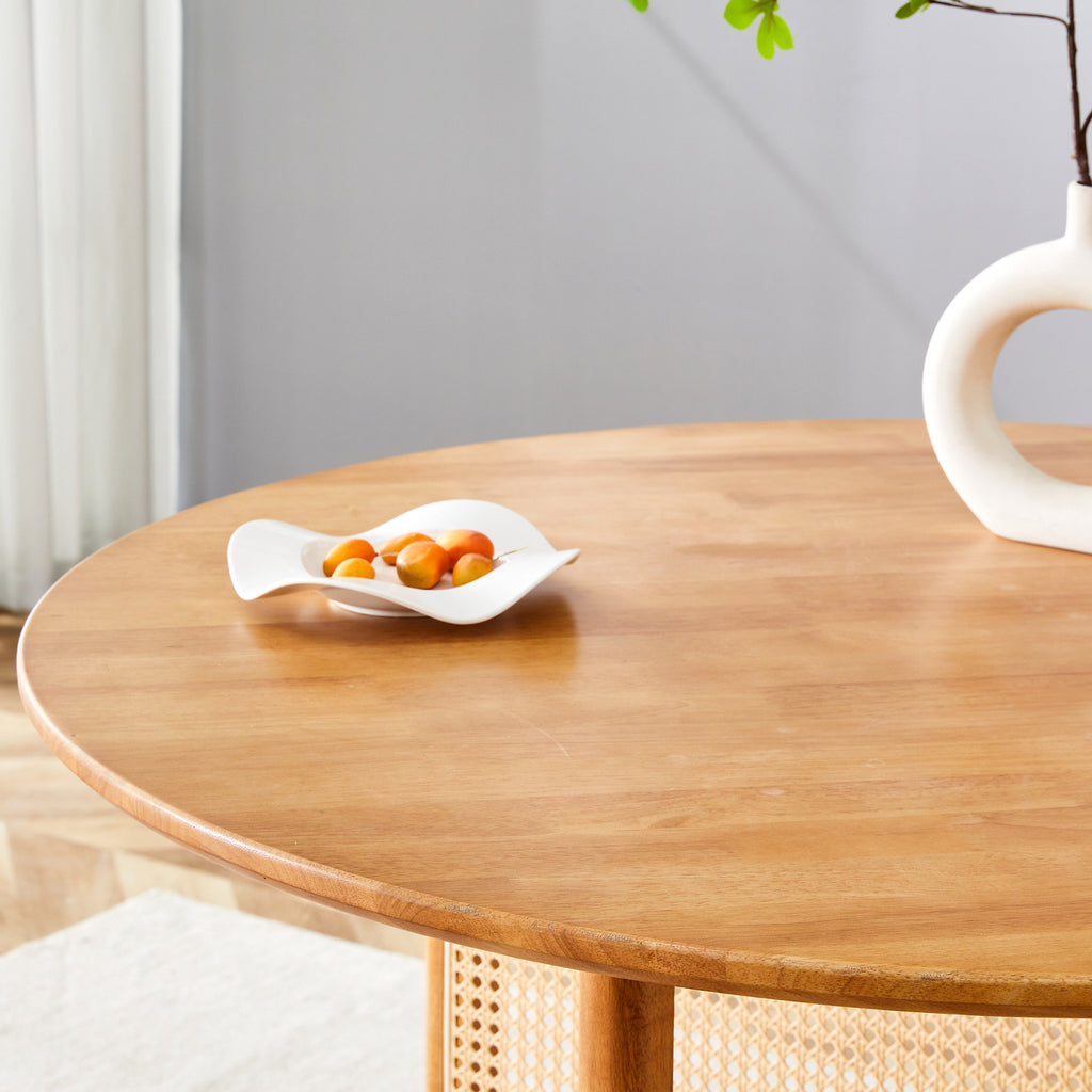 Chinese countryside retro solid wood round table, simple modern imitation rattan table, wooden table, desk. Suitable for dining room, living room, office