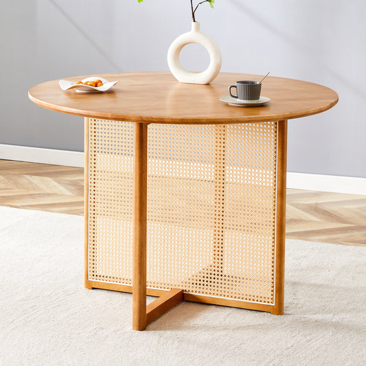 Chinese countryside retro solid wood round table, simple modern imitation rattan table, wooden table, desk. Suitable for dining room, living room, office