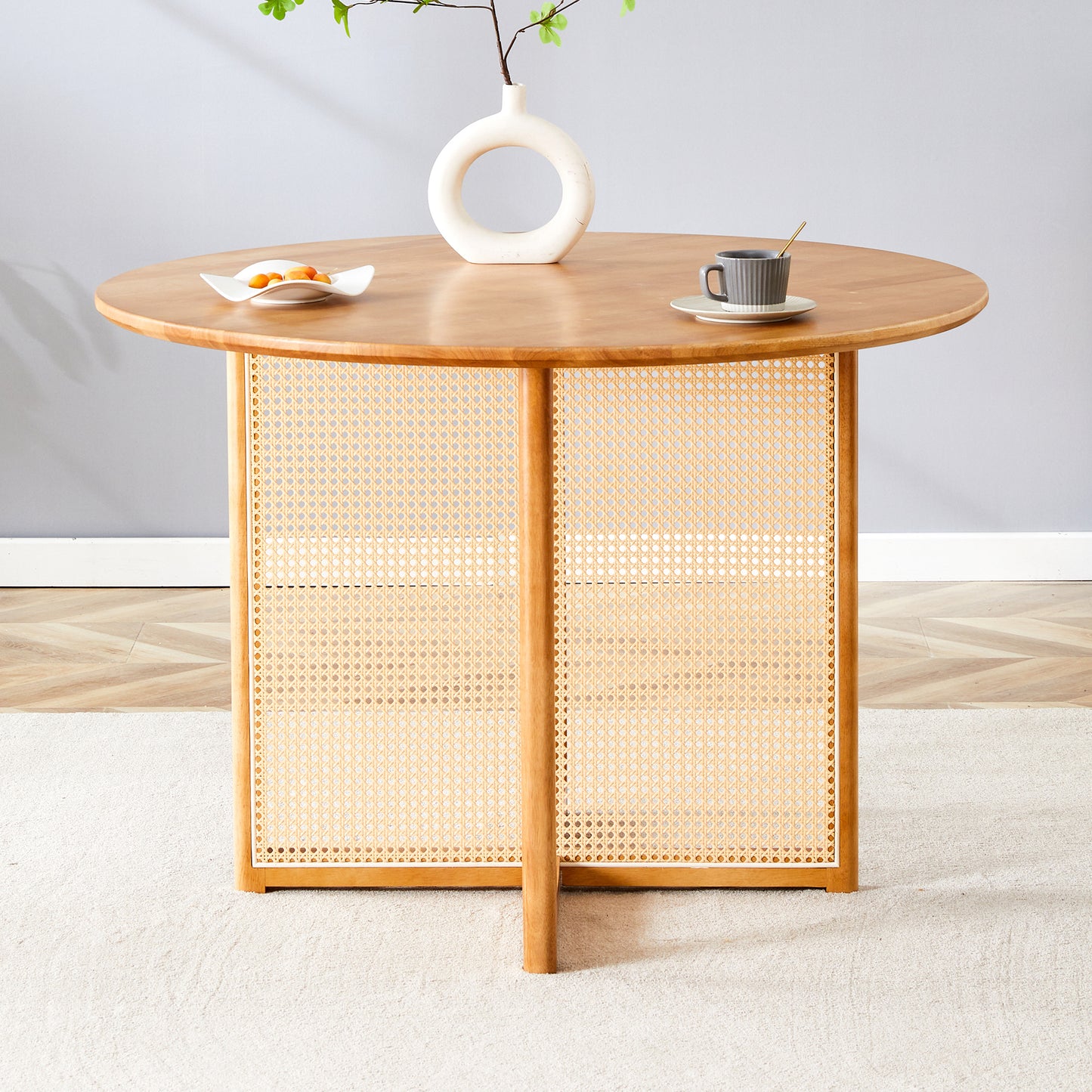 Chinese countryside retro solid wood round table, simple modern imitation rattan table, wooden table, desk. Suitable for dining room, living room, office