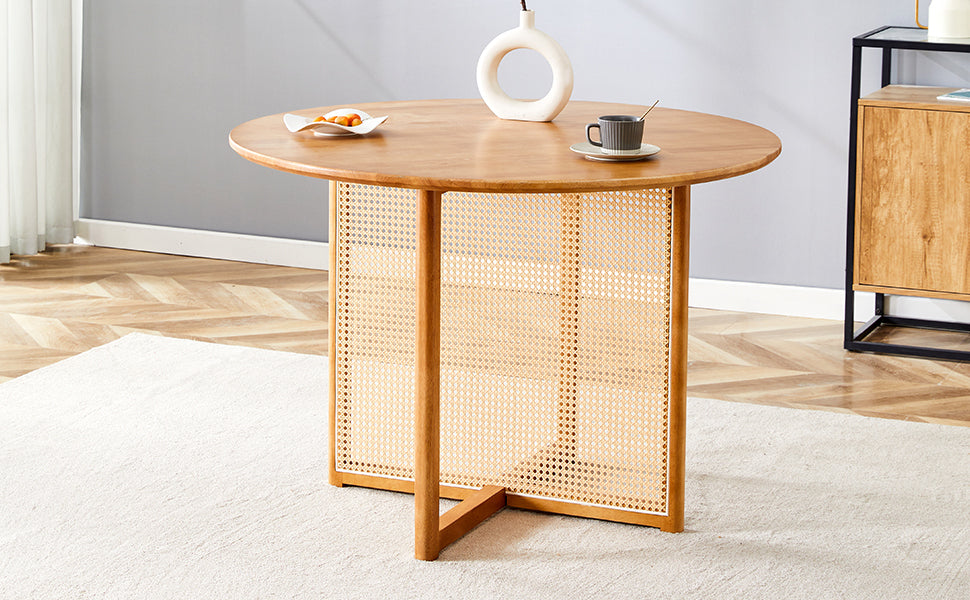 Chinese countryside retro solid wood round table, simple modern imitation rattan table, wooden table, desk. Suitable for dining room, living room, office