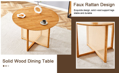 Chinese countryside retro solid wood round table, simple modern imitation rattan table, wooden table, desk. Suitable for dining room, living room, office