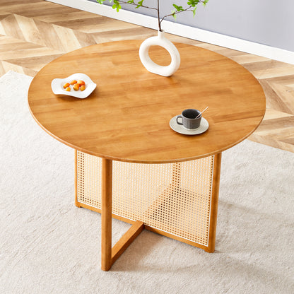 Chinese countryside retro solid wood round table, simple modern imitation rattan table, wooden table, desk. Suitable for dining room, living room, office