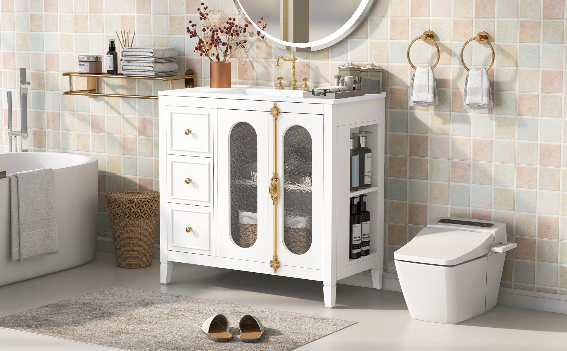 36-inch Bathroom Vanity with 2 Soft Close Doors, Solid Wood Frame Modern Bathroom Storage Cabinet with 3 Drawers
