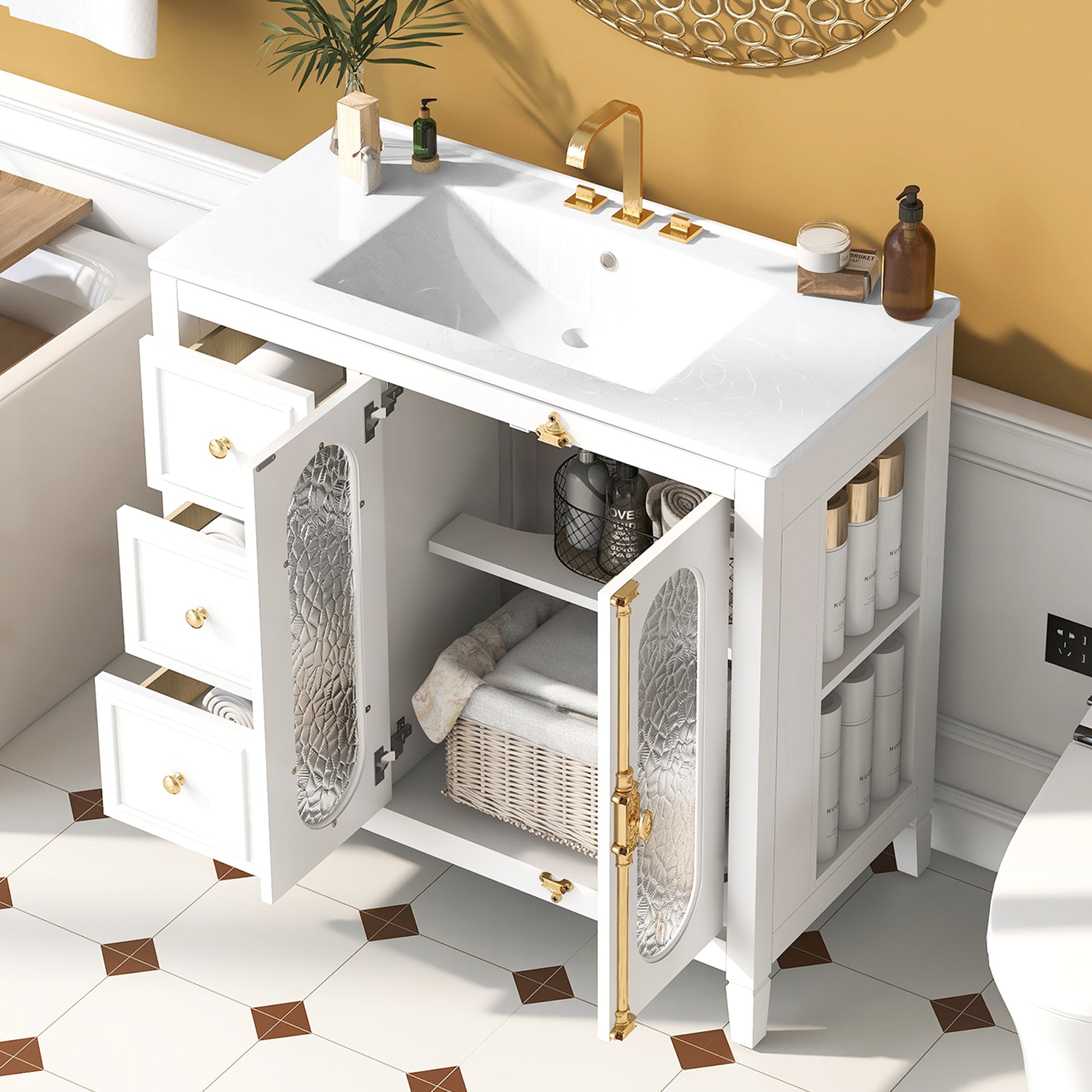 36-inch Bathroom Vanity with 2 Soft Close Doors, Solid Wood Frame Modern Bathroom Storage Cabinet with 3 Drawers