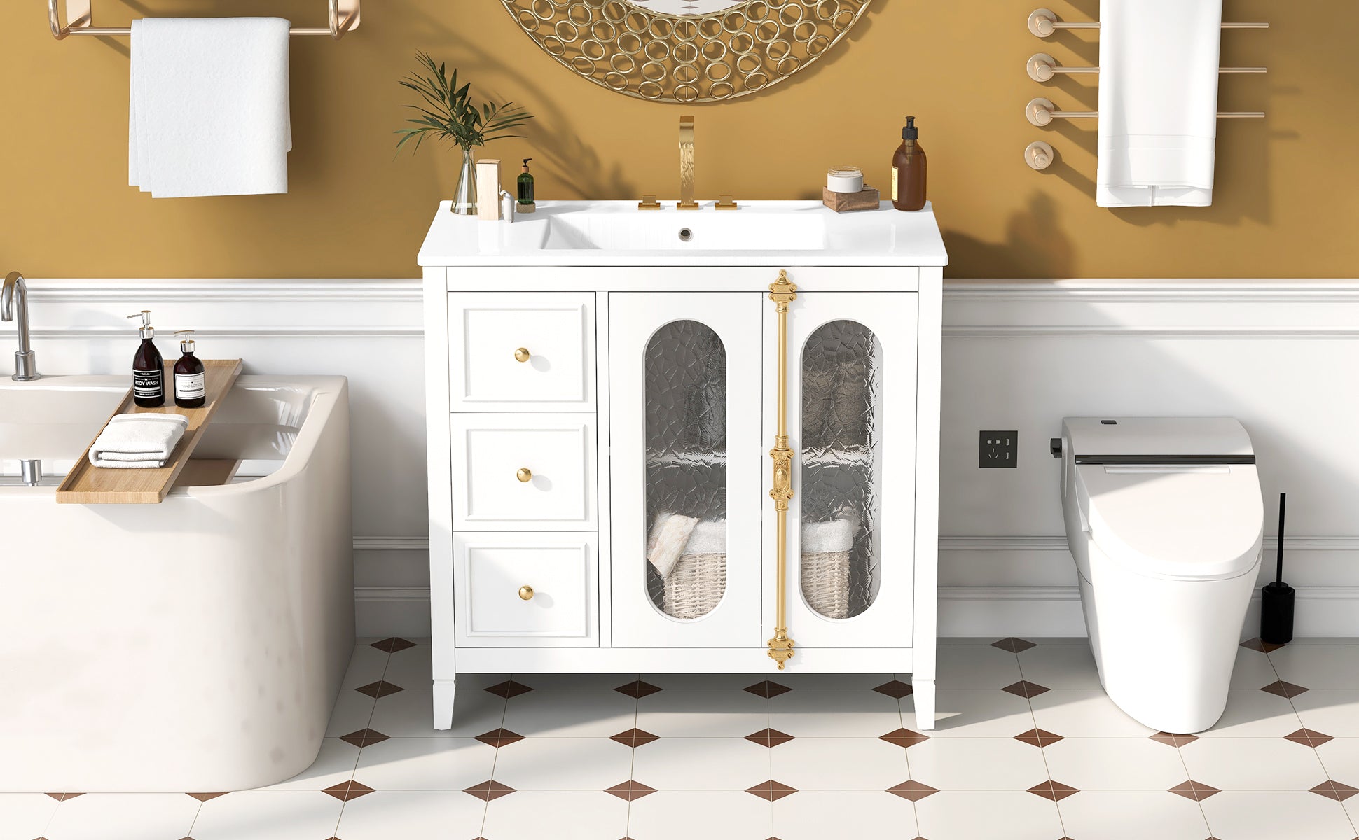 36-inch Bathroom Vanity with 2 Soft Close Doors, Solid Wood Frame Modern Bathroom Storage Cabinet with 3 Drawers