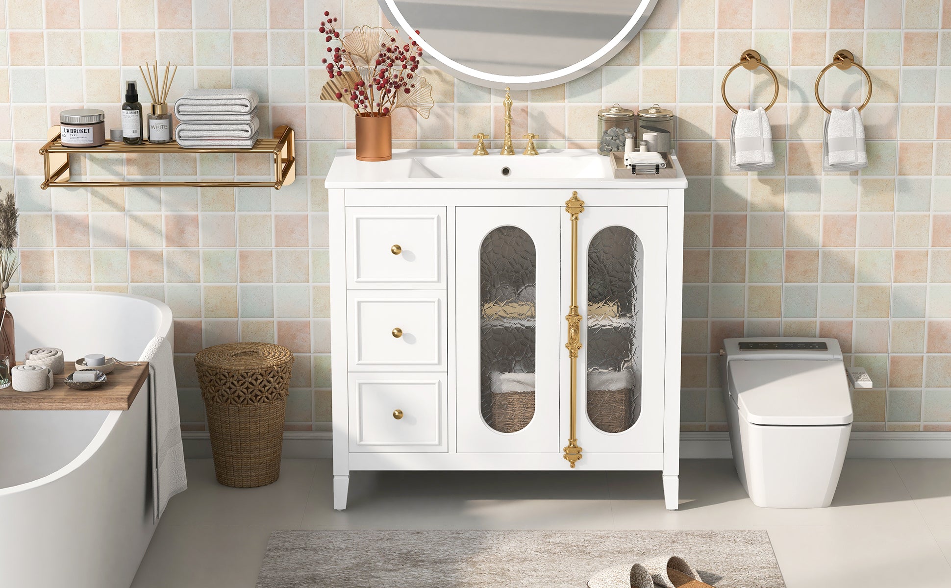 36-inch Bathroom Vanity with 2 Soft Close Doors, Solid Wood Frame Modern Bathroom Storage Cabinet with 3 Drawers
