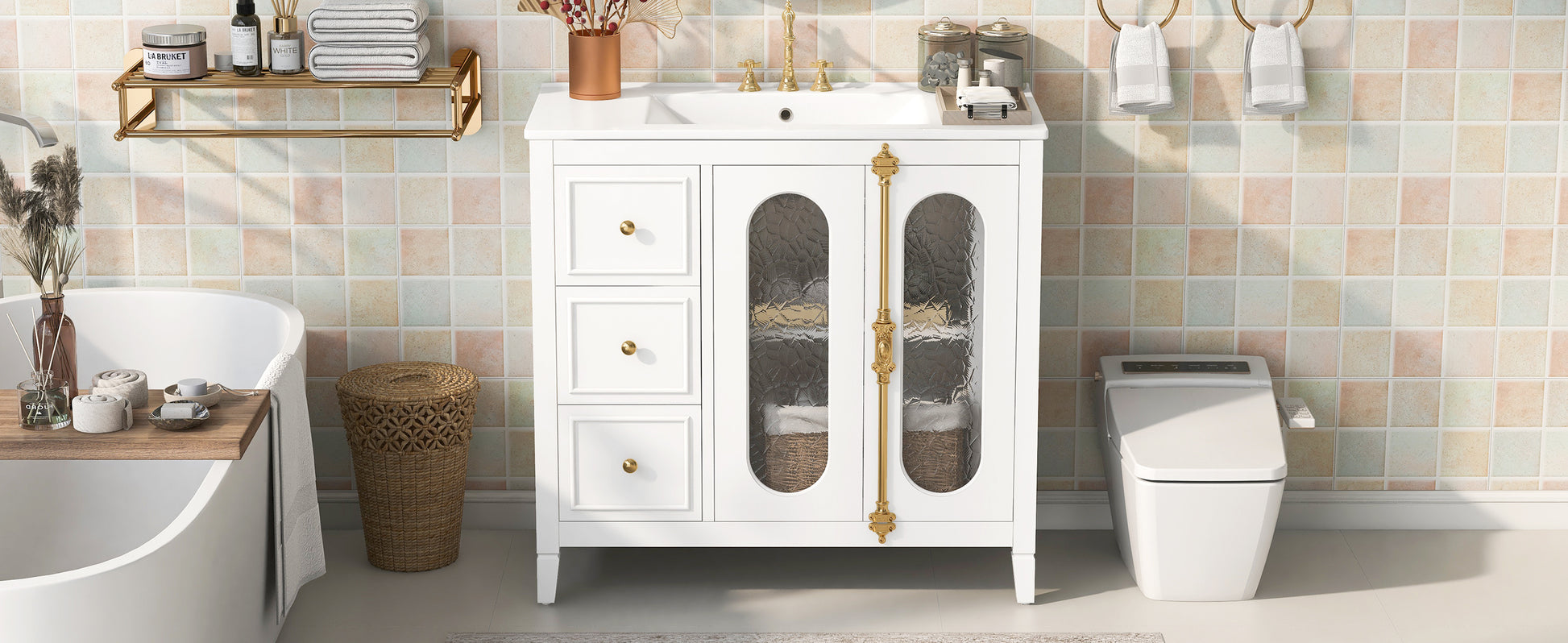 36-inch Bathroom Vanity with 2 Soft Close Doors, Solid Wood Frame Modern Bathroom Storage Cabinet with 3 Drawers