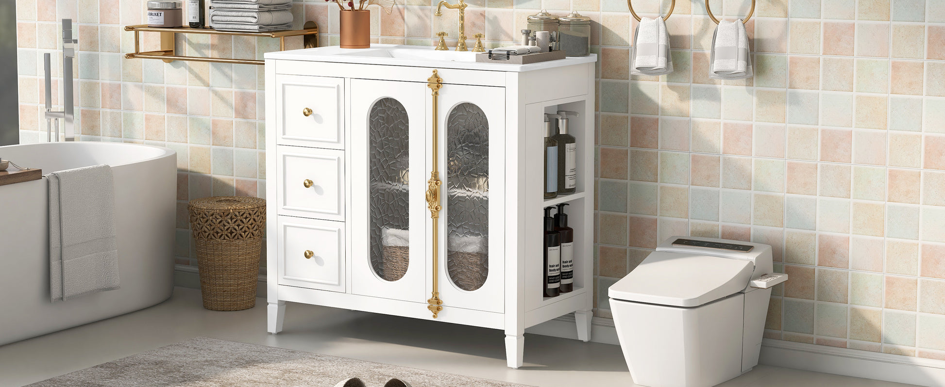 36-inch Bathroom Vanity with 2 Soft Close Doors, Solid Wood Frame Modern Bathroom Storage Cabinet with 3 Drawers