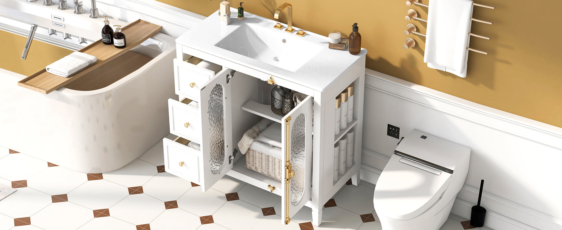 36-inch Bathroom Vanity with 2 Soft Close Doors, Solid Wood Frame Modern Bathroom Storage Cabinet with 3 Drawers