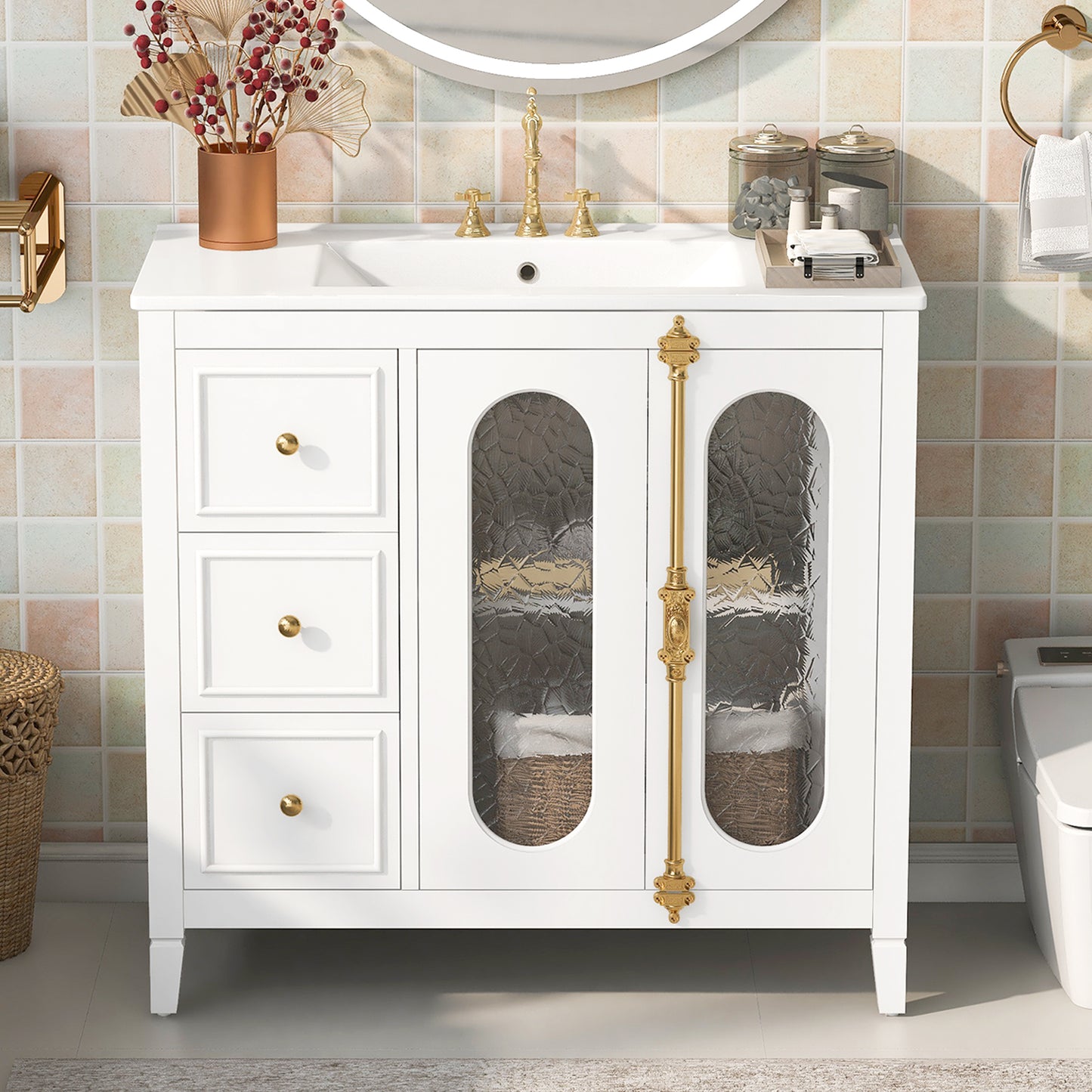 36-inch Bathroom Vanity with 2 Soft Close Doors, Solid Wood Frame Modern Bathroom Storage Cabinet with 3 Drawers
