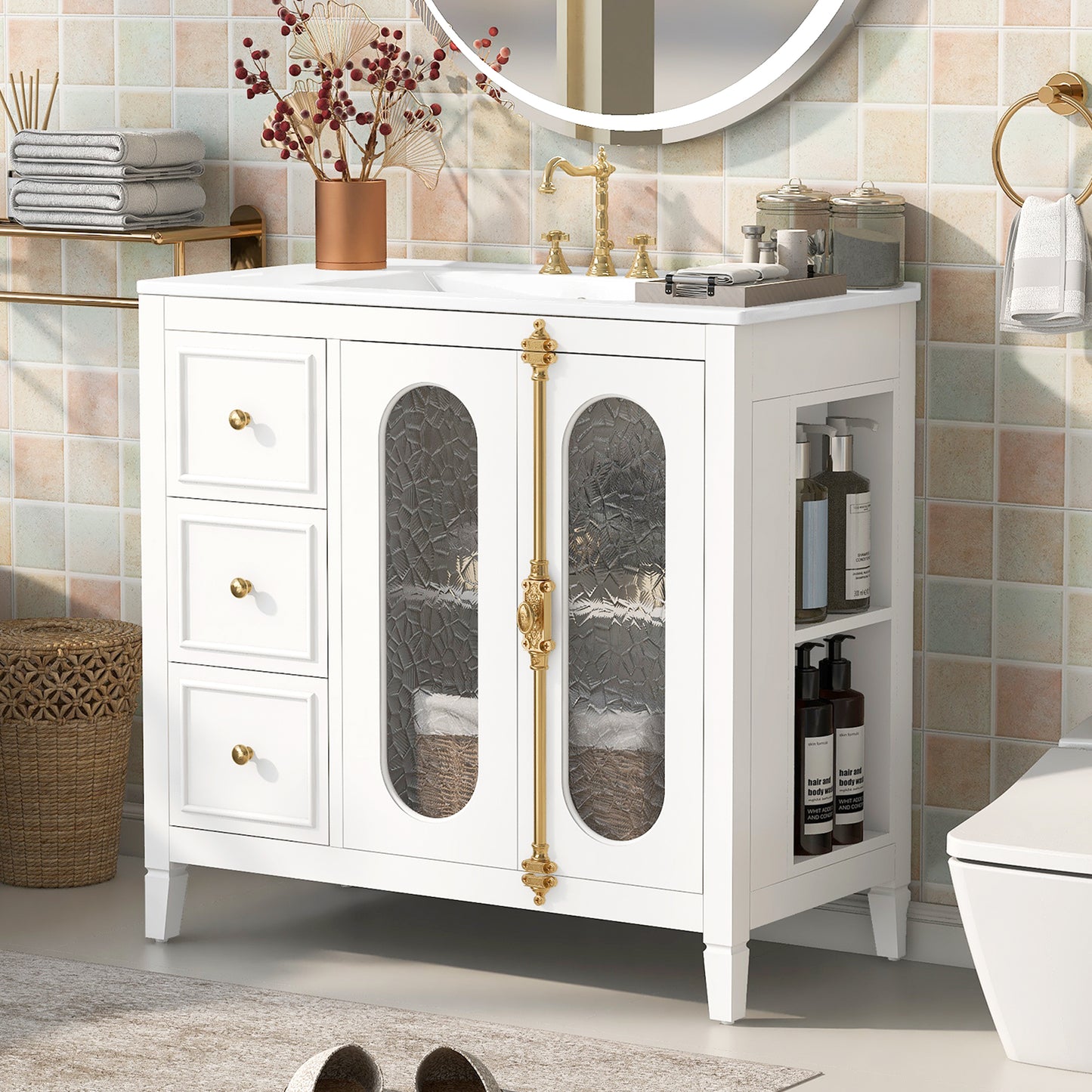 36-inch Bathroom Vanity with 2 Soft Close Doors, Solid Wood Frame Modern Bathroom Storage Cabinet with 3 Drawers