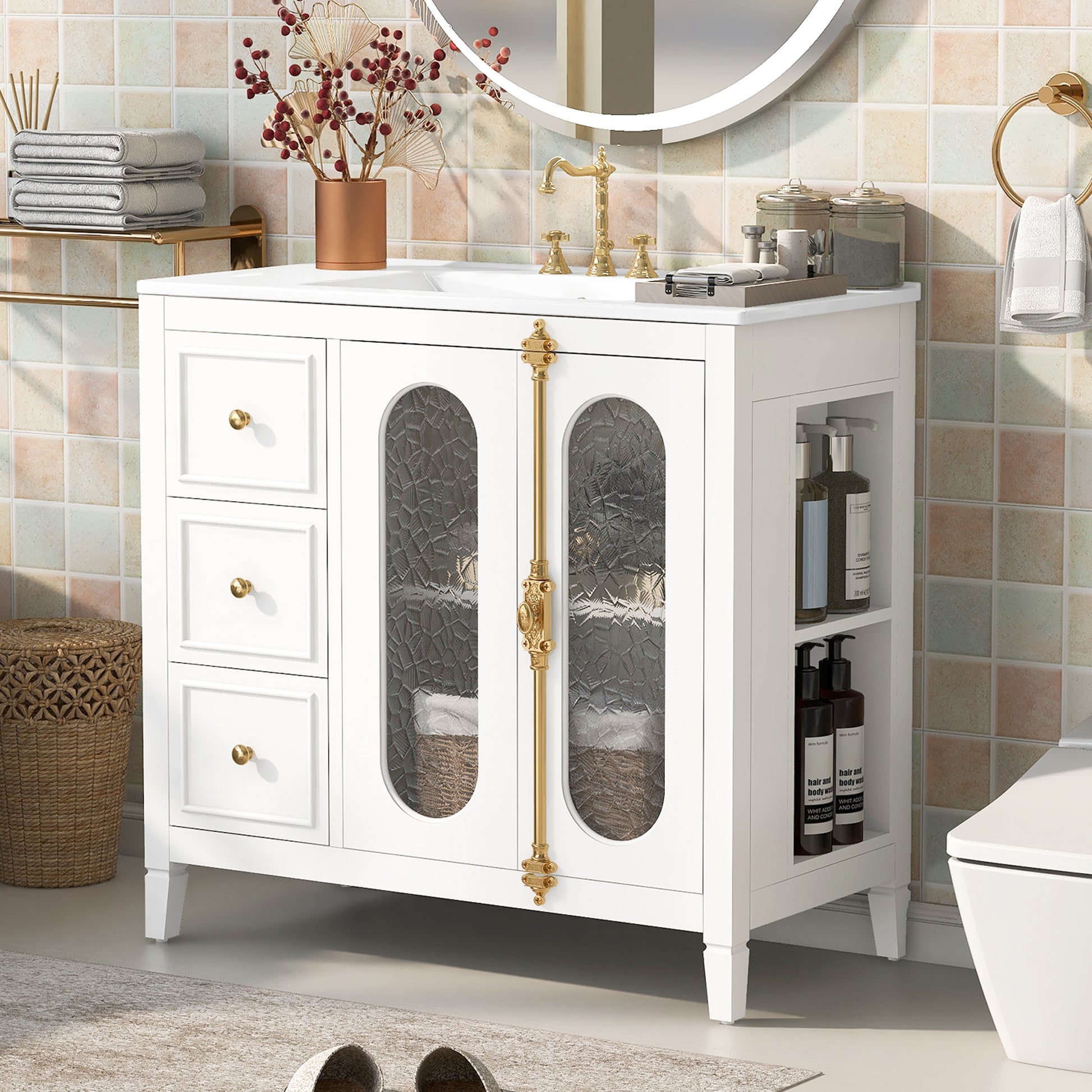 36-inch Bathroom Vanity with 2 Soft Close Doors, Solid Wood Frame Modern Bathroom Storage Cabinet with 3 Drawers