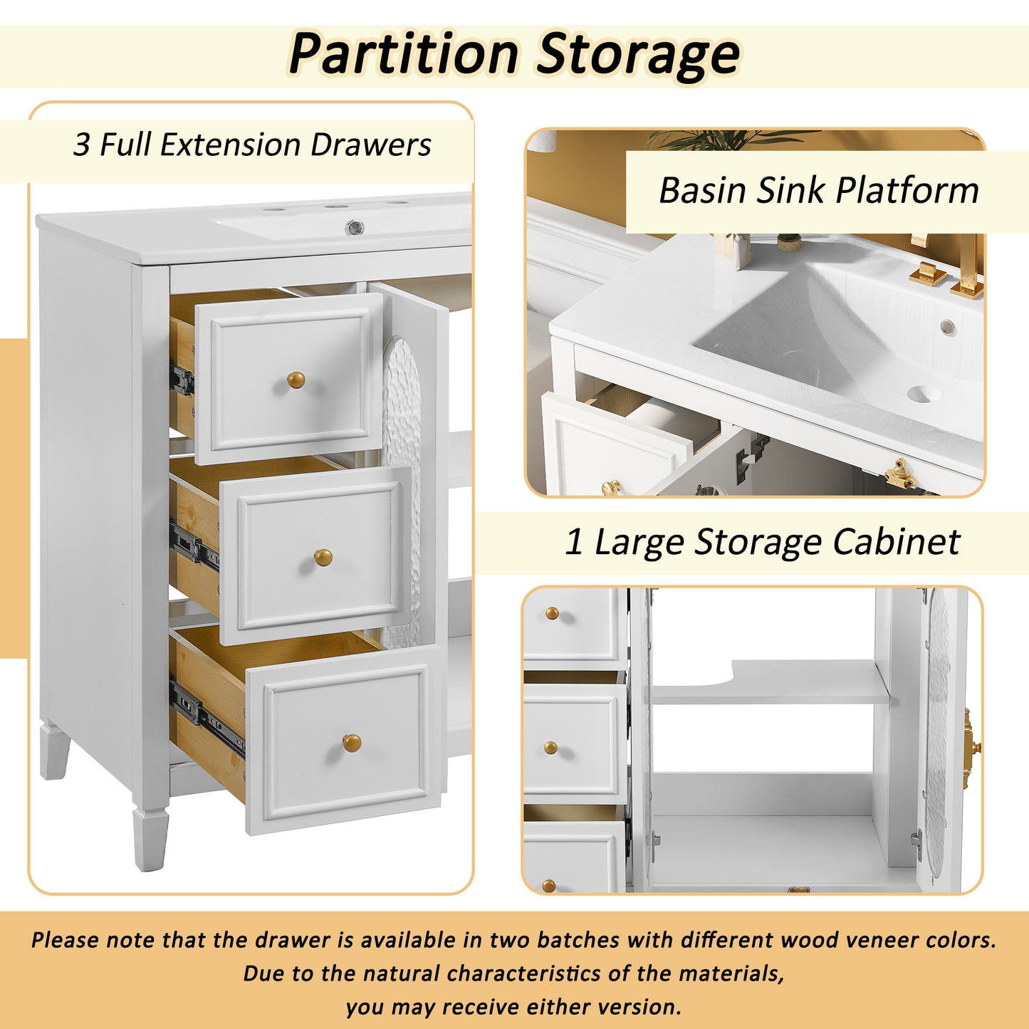 36-inch Bathroom Vanity with 2 Soft Close Doors, Solid Wood Frame Modern Bathroom Storage Cabinet with 3 Drawers