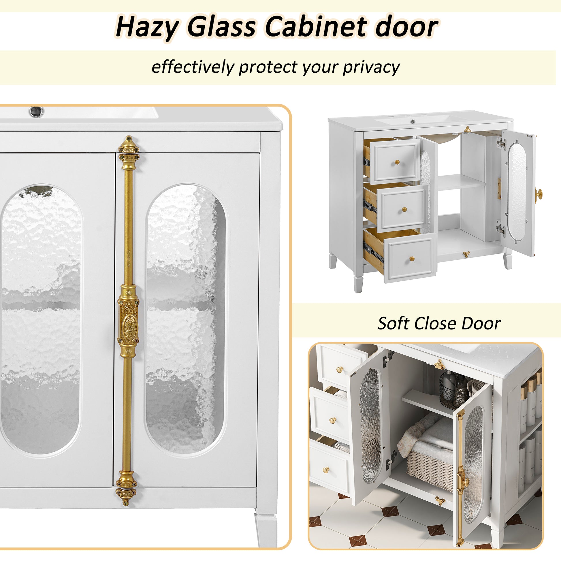 36-inch Bathroom Vanity with 2 Soft Close Doors, Solid Wood Frame Modern Bathroom Storage Cabinet with 3 Drawers