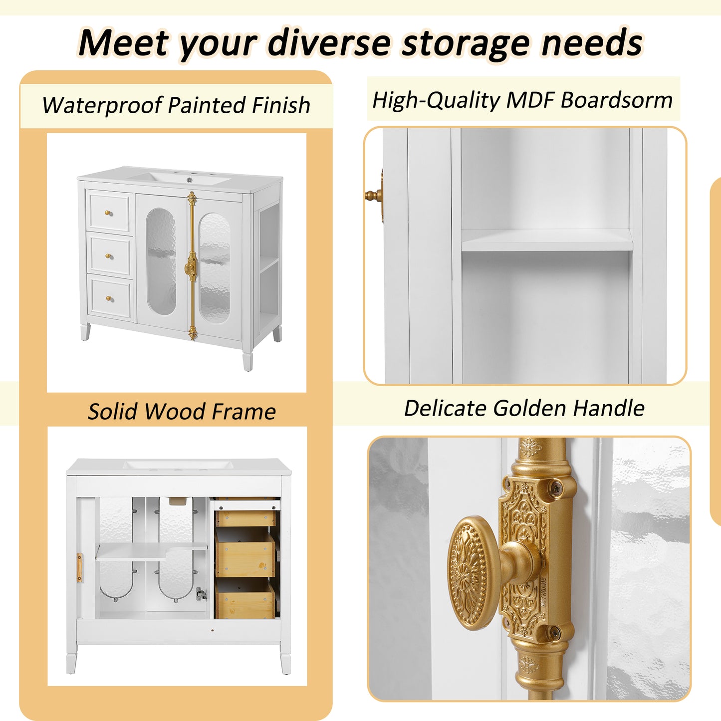 36-inch Bathroom Vanity with 2 Soft Close Doors, Solid Wood Frame Modern Bathroom Storage Cabinet with 3 Drawers