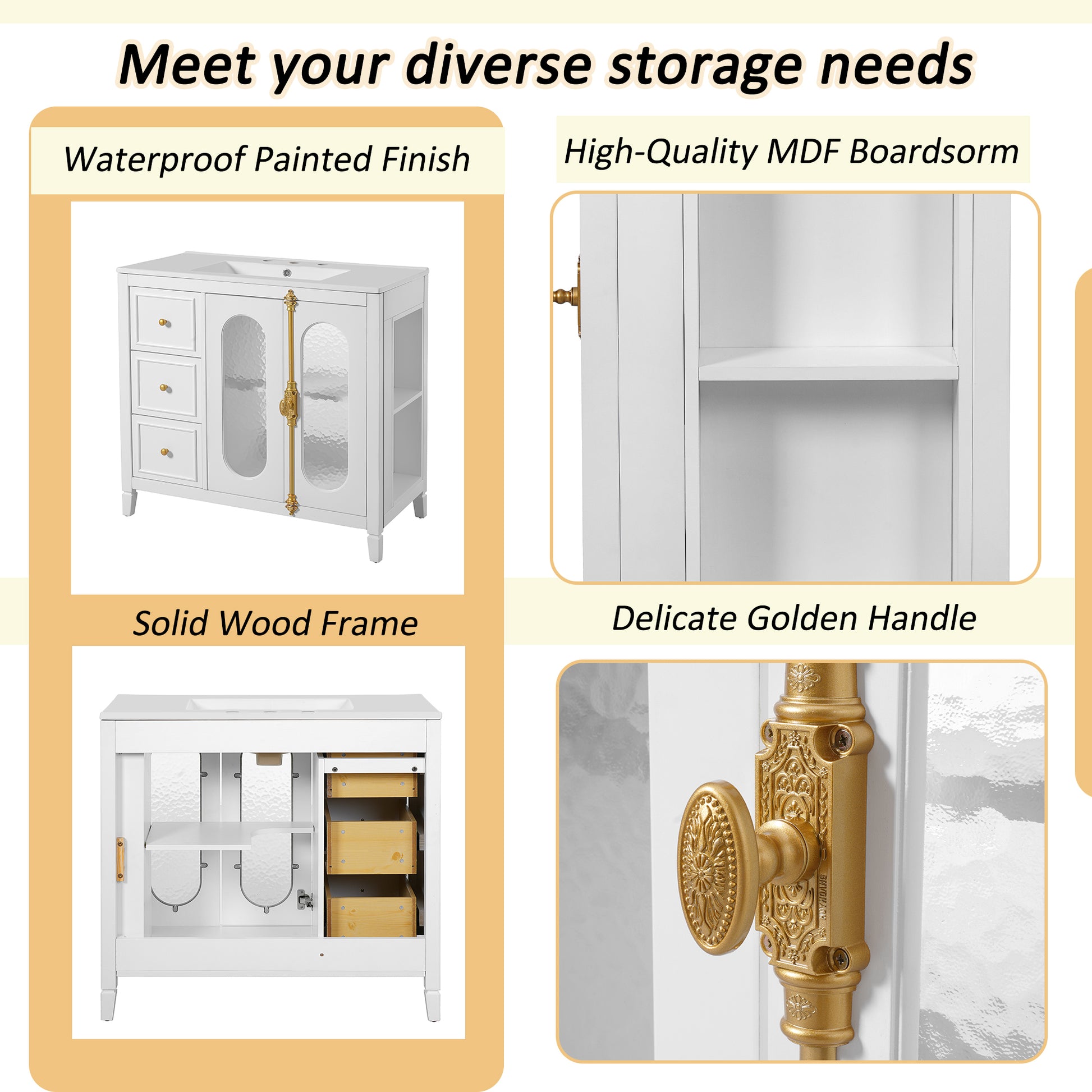 36-inch Bathroom Vanity with 2 Soft Close Doors, Solid Wood Frame Modern Bathroom Storage Cabinet with 3 Drawers